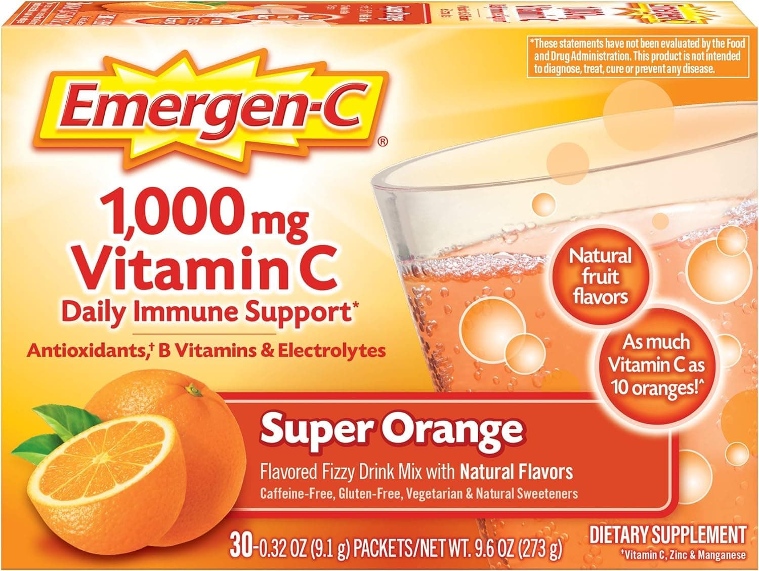 1000mg Vitamin C Powder for Daily Immune Support Caffeine Free Vitamin C Supplements with Zinc and Manganese, Super Orange Flavor - 30 Count