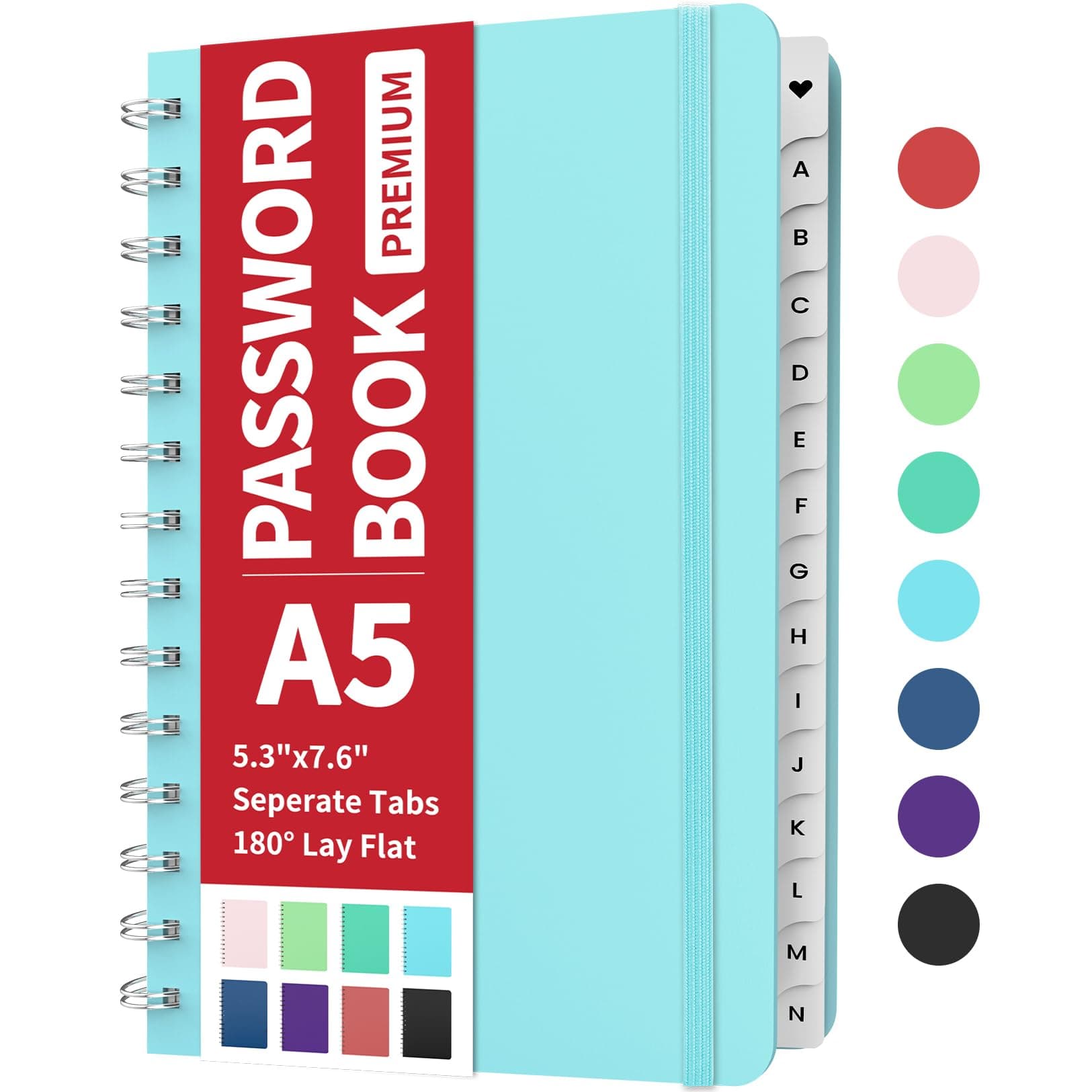 Forvencer Password Book with Individual Alphabetical Tabs, Medium Size Password Notebook, Spiral Password Keeper Book for Senior, Cute Password Organizer Logbook for Home Office, 5.3"x7.6", Sky Blue