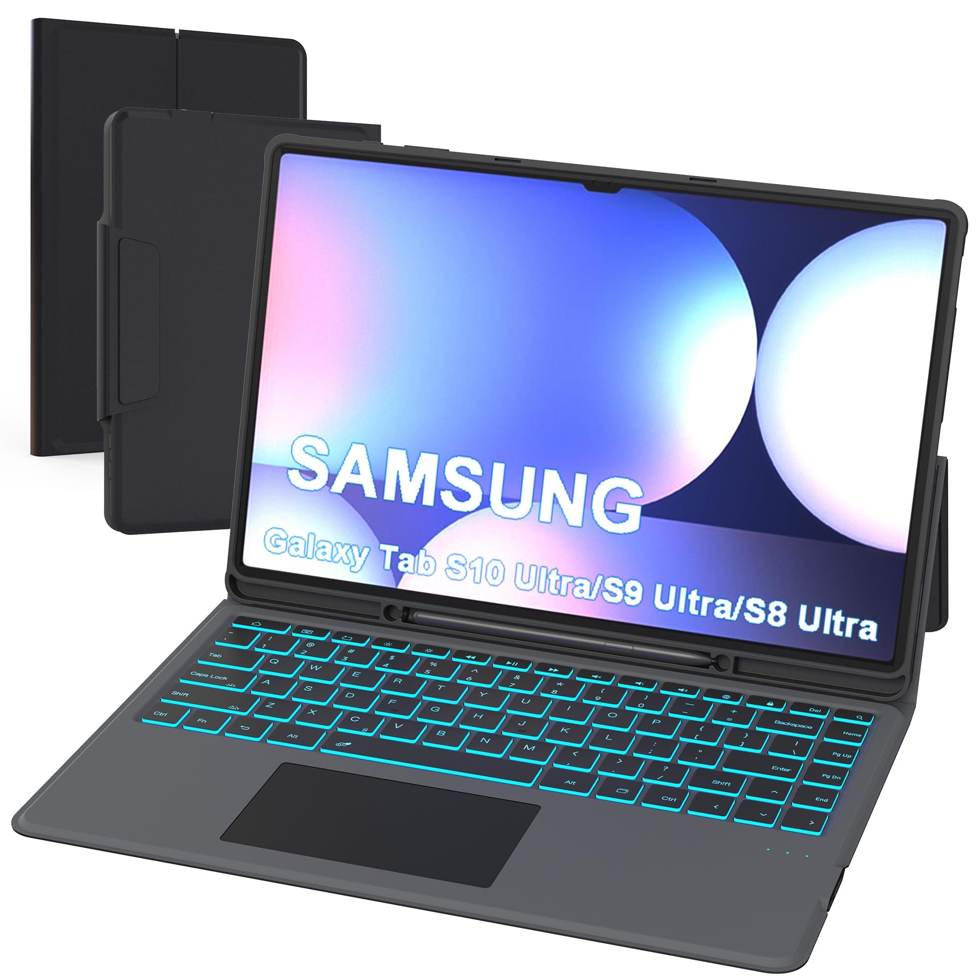 for 14.6 inch Samsung Galaxy Tab S9 Ultra /S8 Ultra/S10 Ultra Case with Keyboard - Folio Tablet Book Cover with Touchpad - 7 Color Backlit Keyboard Case with S Pen Holder for Tab 14.6" Black