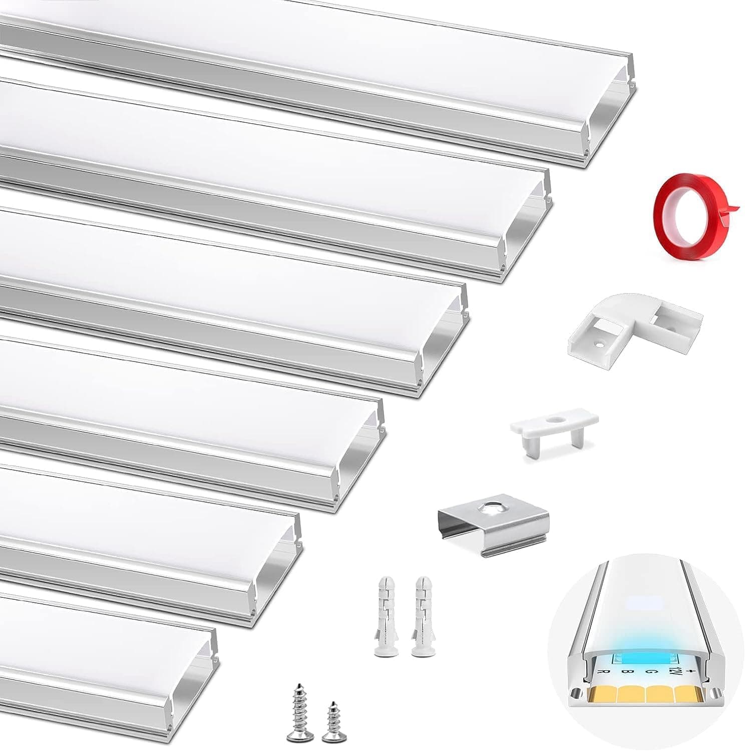 HOMMAND LED Channel, 6 x 1m/3.3ft U Shape Profile, Aluminium Profile and Diffuser Strip With Adhesive Tape, Corner Connectors, End Caps and Mounting Clips, Strip Light Cover 6m