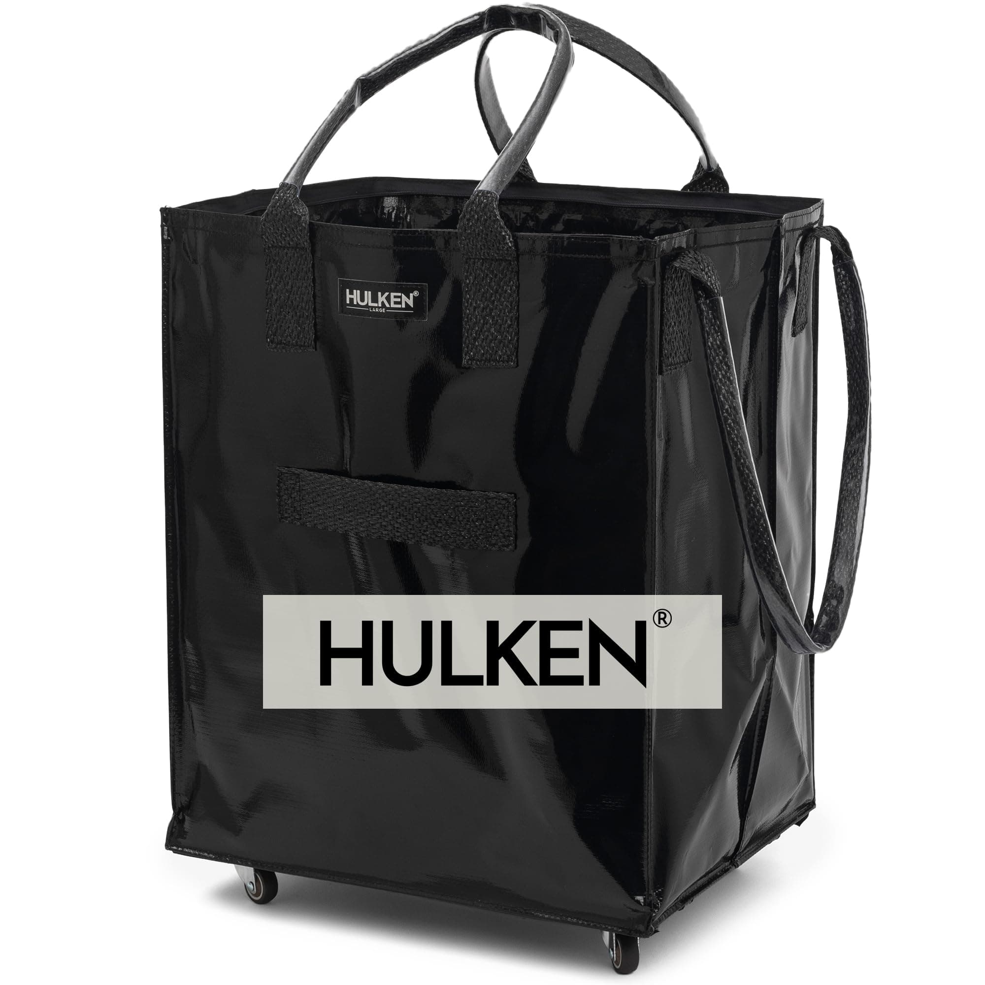 HULKEN - Large, Black - Reusable Grocery Bag On Wheels, Shopping Trolley, Rolling Tote, Zipper Closure, Lightweight, Carries Up to 66 lb & Fits 5 Grocery Bags, Folds Flat, Unbreakable Handles