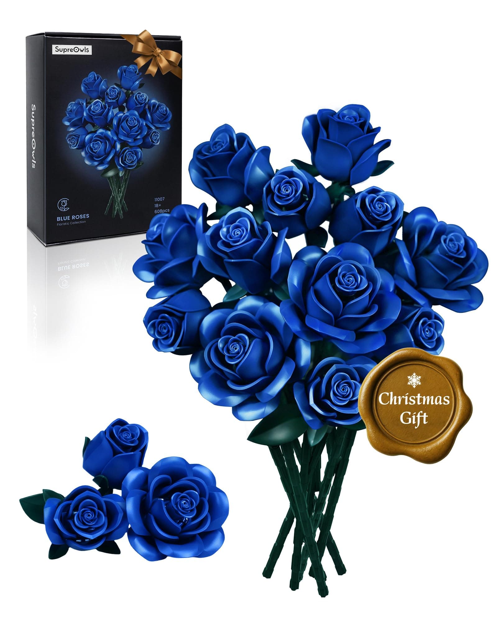 Blue Rose Bouquet Building Set for Adults Artificial Flower Blocks Kit for Lego Flowers Mother's Day & Valentine's Day Gift Gothic Botanical Collection Home Decor - IA11007