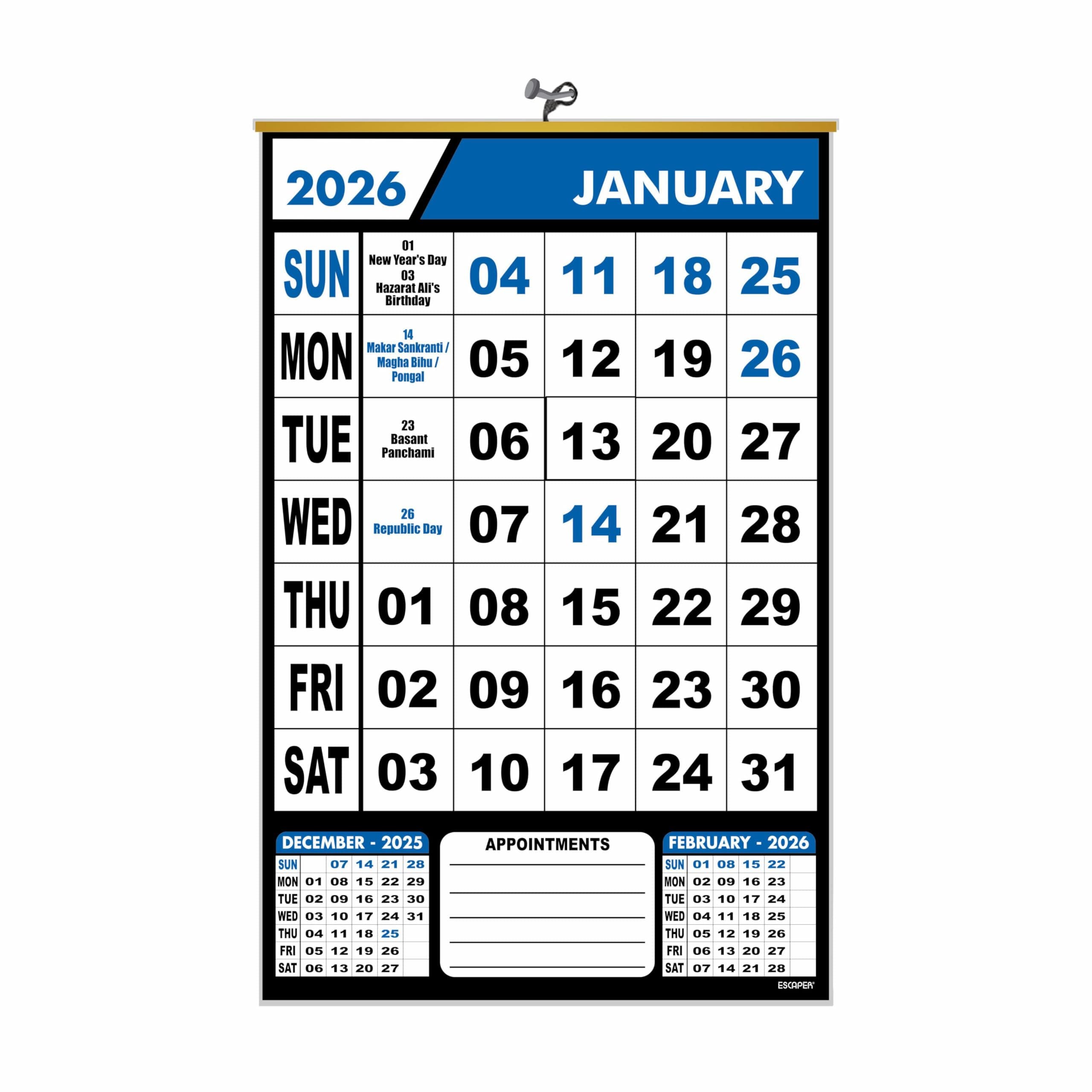 ESCAPER 2026 Office and Home Wall Calendar Hanging, Indian Holidays Marked, Monthly Appointment and Event Planner, Organiser Calendar for Work Desk, Study Room and Home Wall