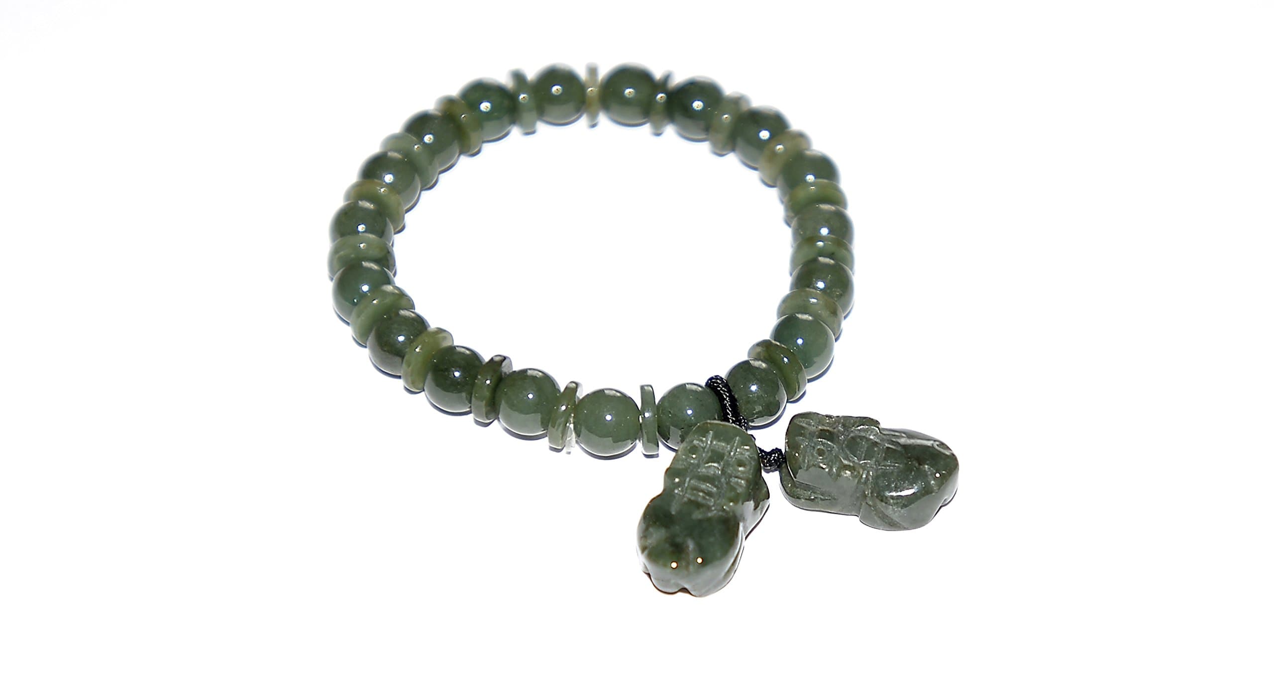 Chinese Feng Shui Spiritual Dark Green Jade Bead And Pi Disc Bracelet For Fertility,Life And Good Health With Two Pi Yao Feng Shui Mythical Creature Charms