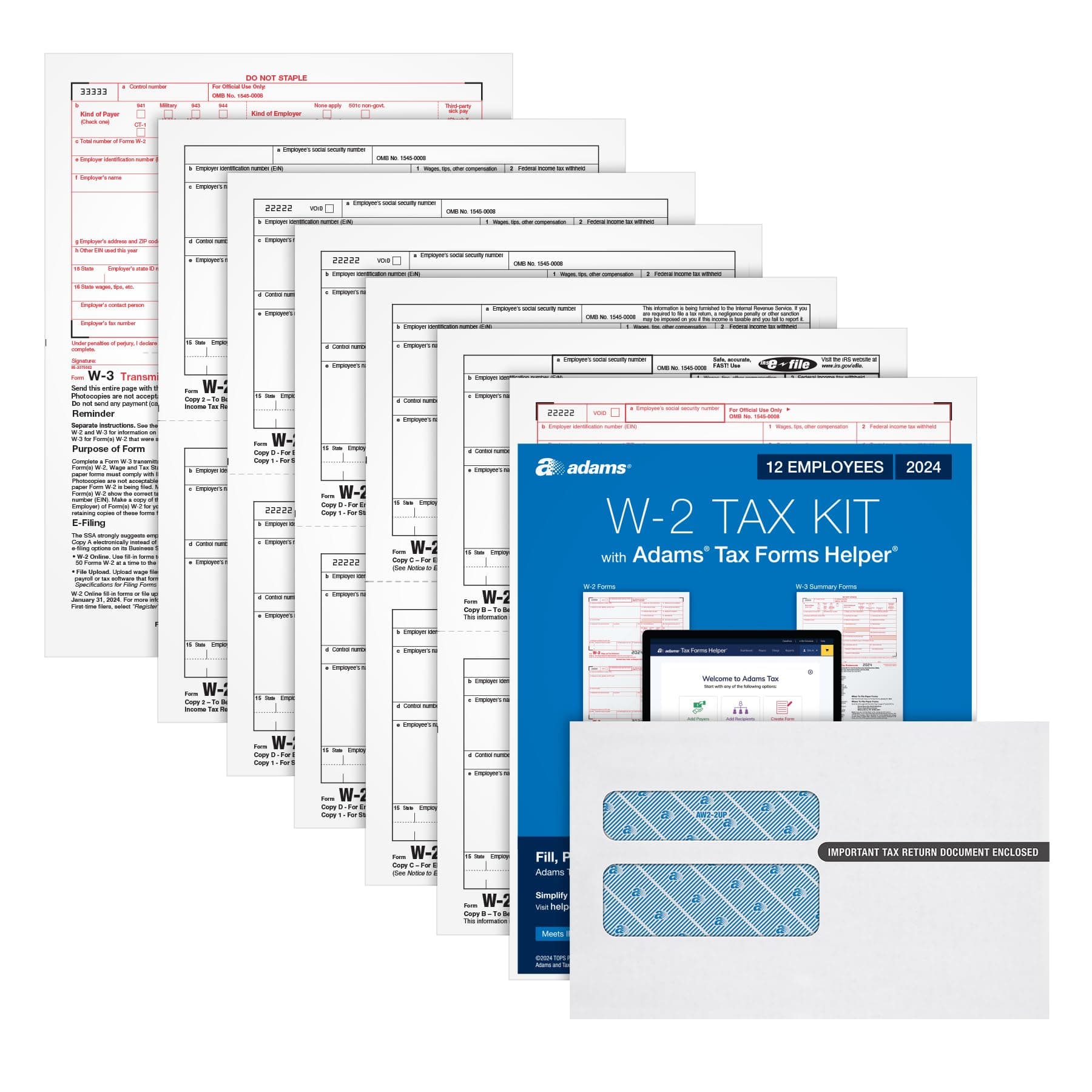 Adams2024 W2 Tax Forms Kit for 12 Employees, 6 Part Laser W2 Forms, 3 W3 Forms, Self Seal Envelopes & Access to Adams Tax Forms Helper (1009320)