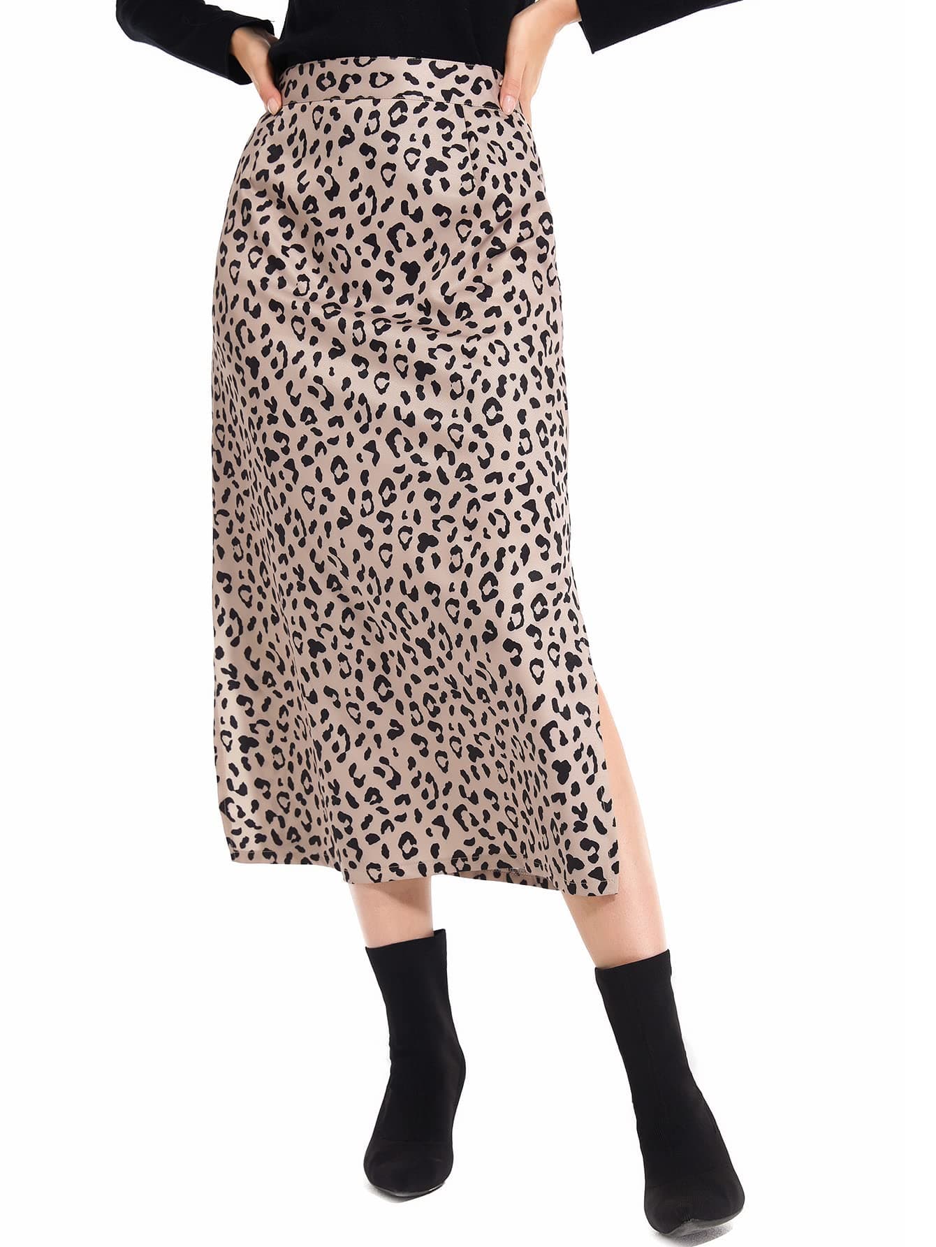LYANER Women's Leopard Print Side Split High Waist Zipper Midi Skirt