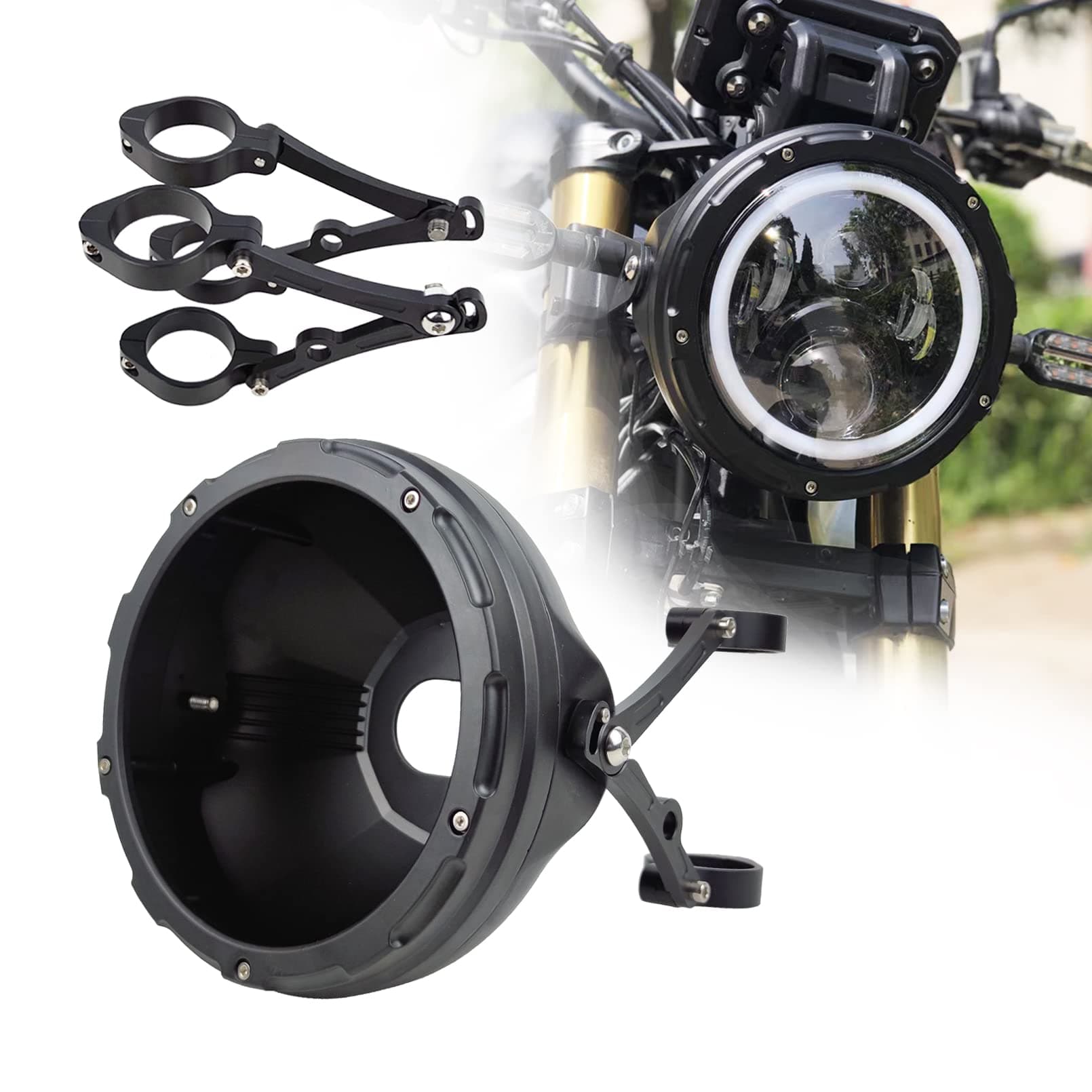 7inch CNC Motorcycle Headlight Housing Bucket with CNC Side Mounting Bracket 36-40MM Fork Tube Holder Clamps for Motorcycle