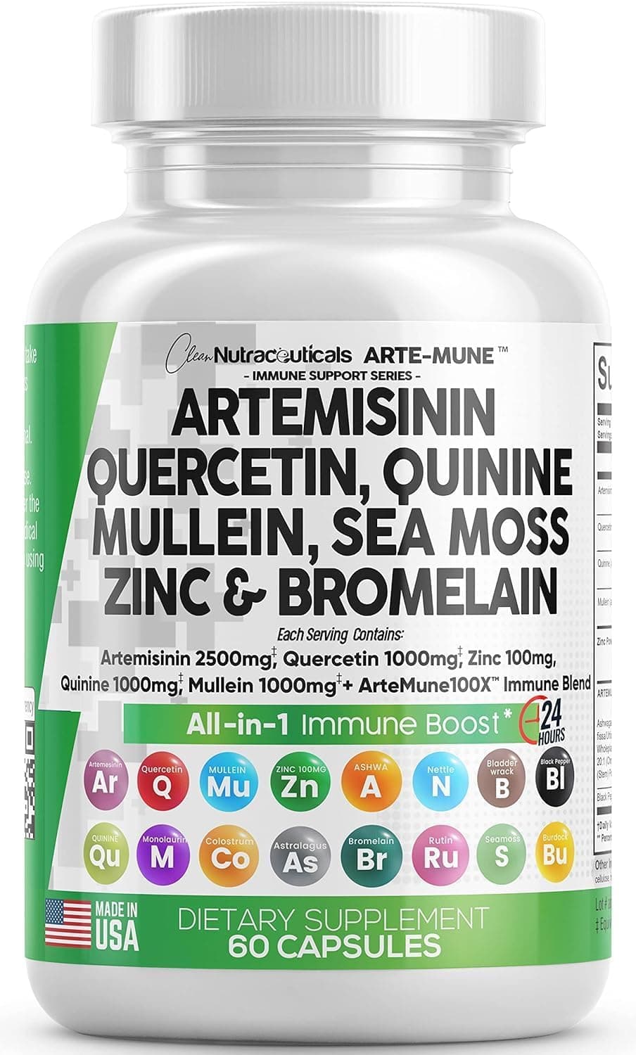 Artemisinin 2500mg Quercetin 1000mg Zinc 100mg Mullein Quinine Supplement with Sea Moss Bromelain Ashwagandha Root Nettle Leaf Bladderwrack Burdock Root Monolaurin Colostrum Rutin