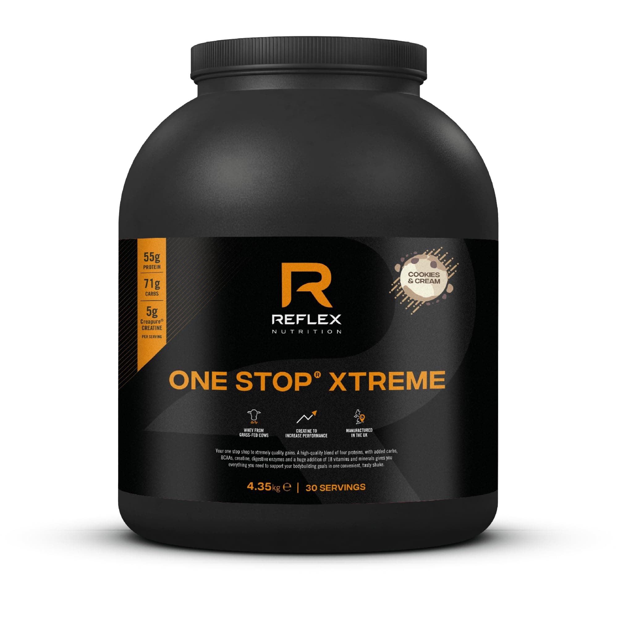 Reflex Nutrition One Stop Xtreme Serious Mass Protein Powder 55g Protein 10.3g BCAA'S, 73g Low GI Carbs 5,000mg Creatine & Added Vitamins (Cookies and Cream, 4.35kg)