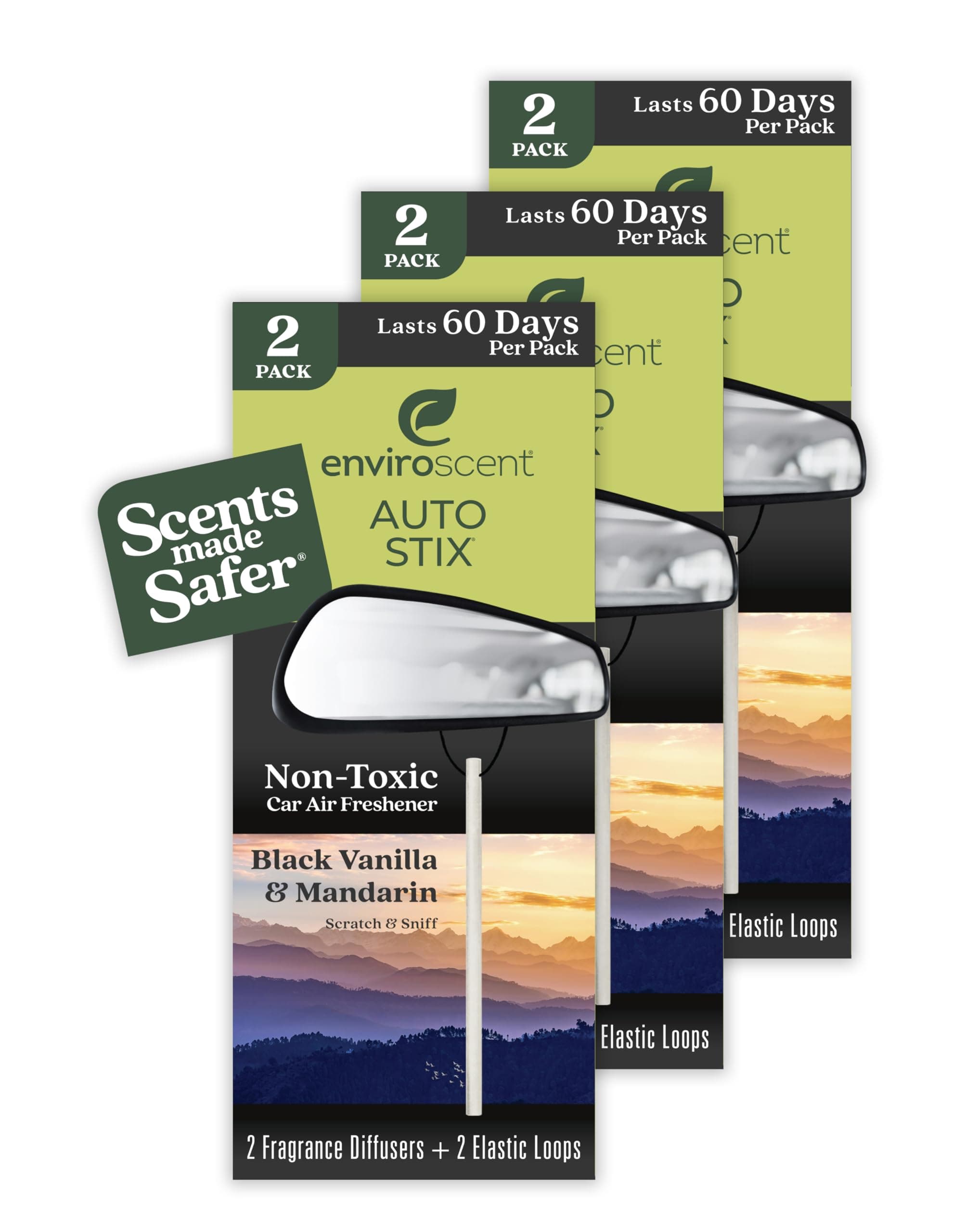 Enviroscent Non-Toxic Hanging Car Air Freshener (Black Vanilla + Mandarin) Includes 6 Auto Stix | Diffusers with Essential Oils