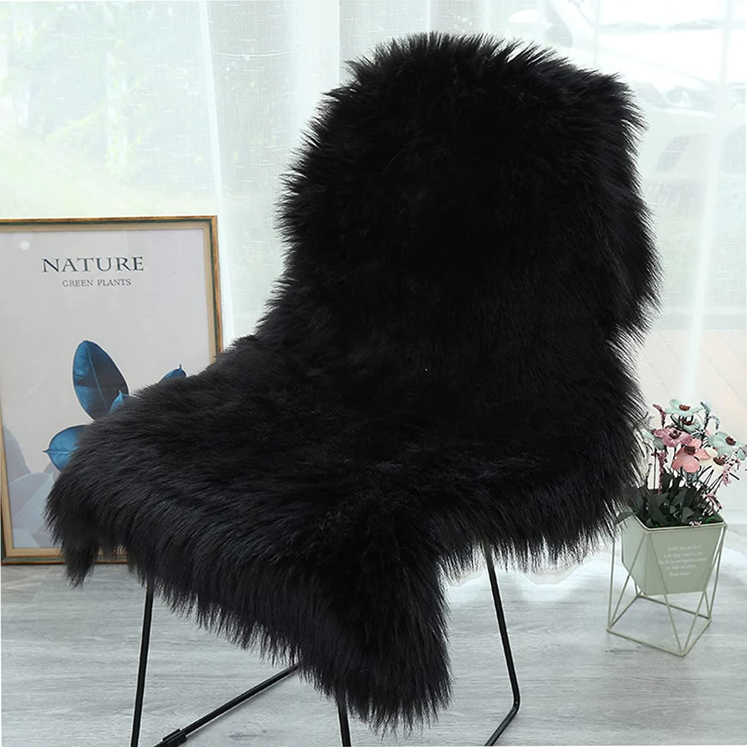 Faux Fur Sheepskin Style Rug,Faux Fleece Fluffy Area Rugs Seat Pad Anti-Skid Yoga Carpet for Living Room Bedroom Sofa Floor(Black,60 x 90cm)