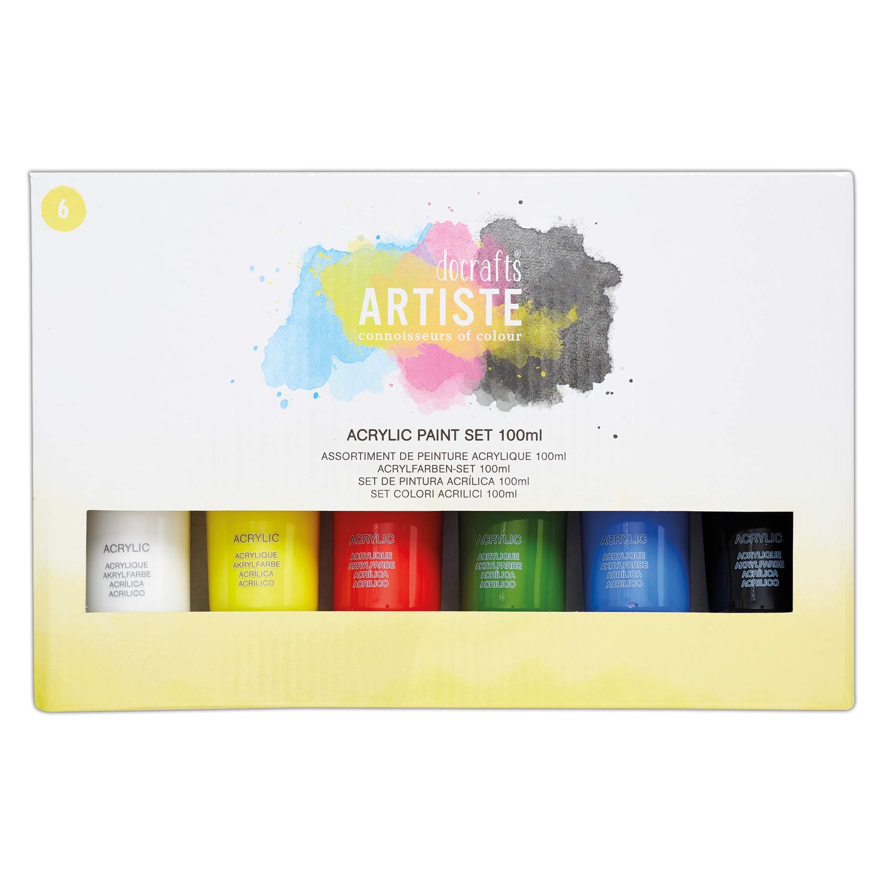 ARTISTEAcrylic Paint Set 100ml 6 Pack Vibrant Colours, Quick-Drying Professional Art, Craft and Hobby Artists Paint. Water-Based Paints Cover All Surfaces with Ease, Ideal for Travel Artists