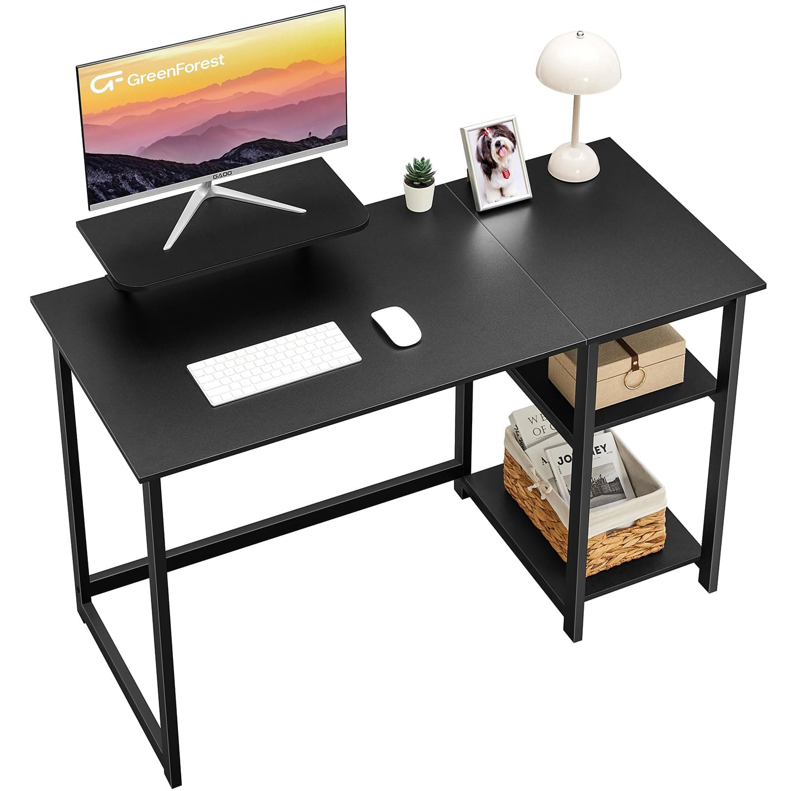 GreenForest Computer Home Office Desk with Monitor Stand and Storage Shelves on Left or Right Side,47 inch Modern Writing Study PC Laptop Work Table,Black
