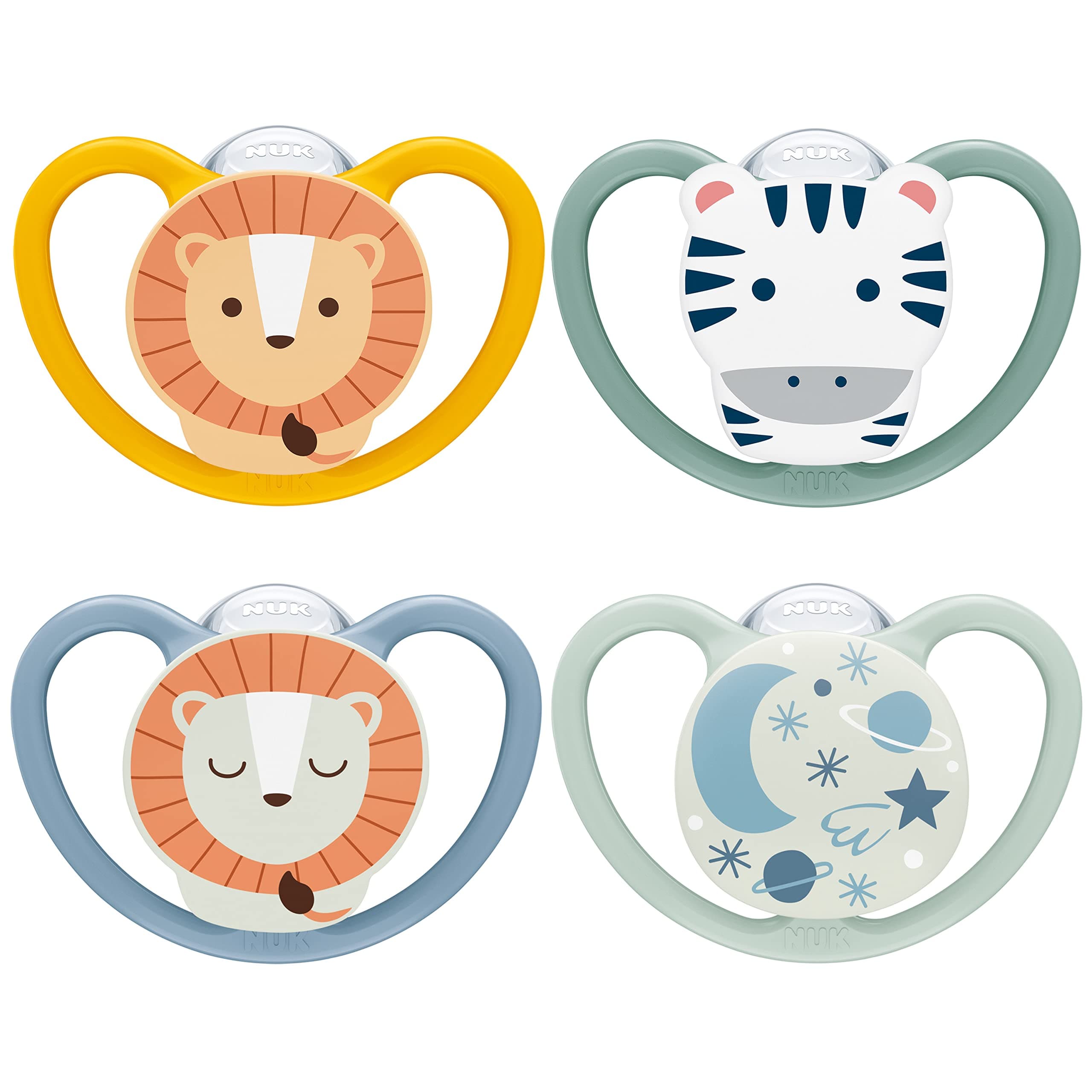 NUK Space Day & Night Baby Dummy | 6-18 Months | Glow-in-the-Dark Soothers with Extra Ventilation for Sensitive Skin | BPA-Free Silicone | Zebra & Lion | 4 Count