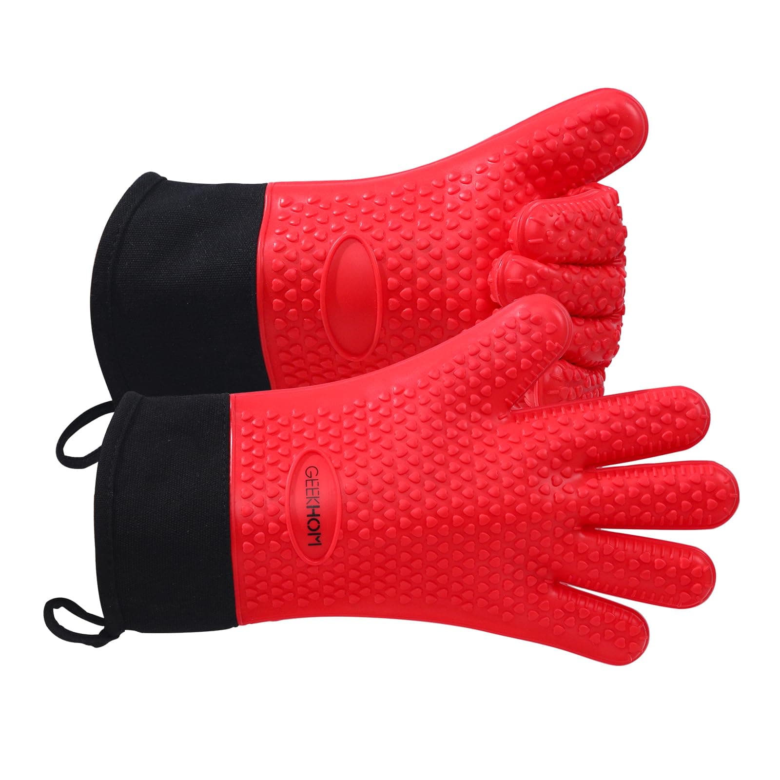 Grilling Gloves, Heat Resistant Gloves BBQ Kitchen Silicone Dutch Oven Mitts, Long Waterproof Non-Slip Potholder for Barbecue, Pizza, Cooking, Baking(Red)