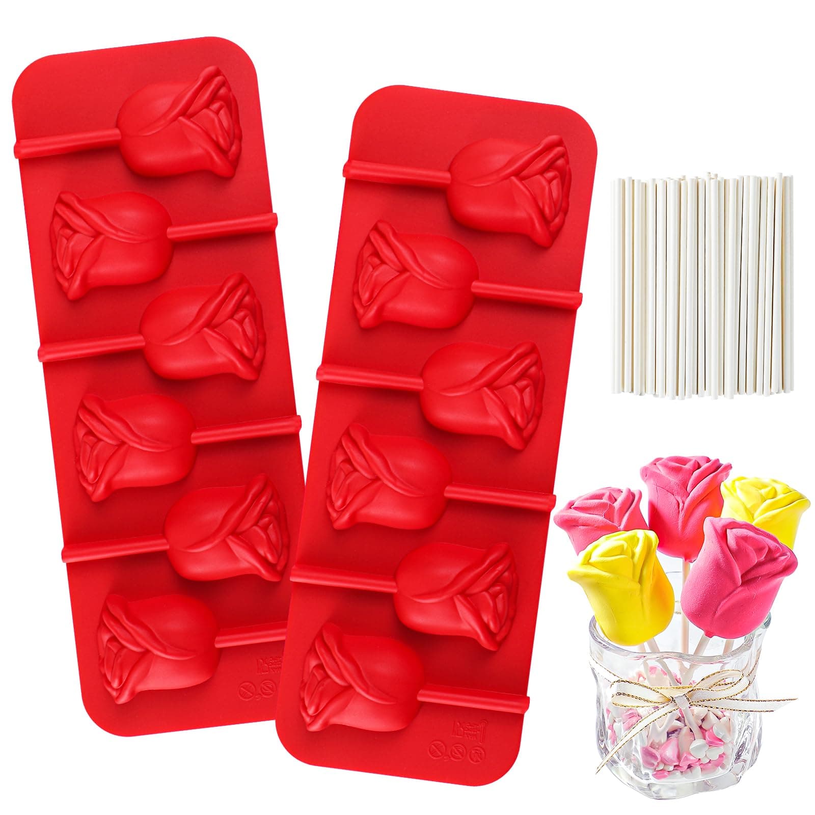 Webake Rose Lollipop Molds 6 Holes Rose Shaped Silicone Chocolate Candy Molds with Sticks, 2Pcs 3D Rose Lolly Flowers Mold for Cupcake Decorations, Sucker and Chocolate Making, Rose Cake Pop