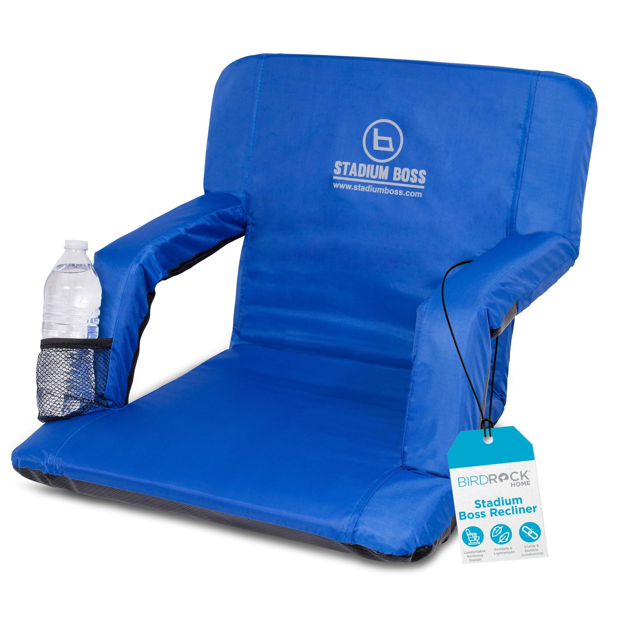 Recliner Stadium Seat for Bleachers, Benches, Lawns, Backyard, Camping & Beach – Padded Sport Chair, Cushion Backs & Armrest – 6 Reclining Positions – Portable Carry Straps – Blue