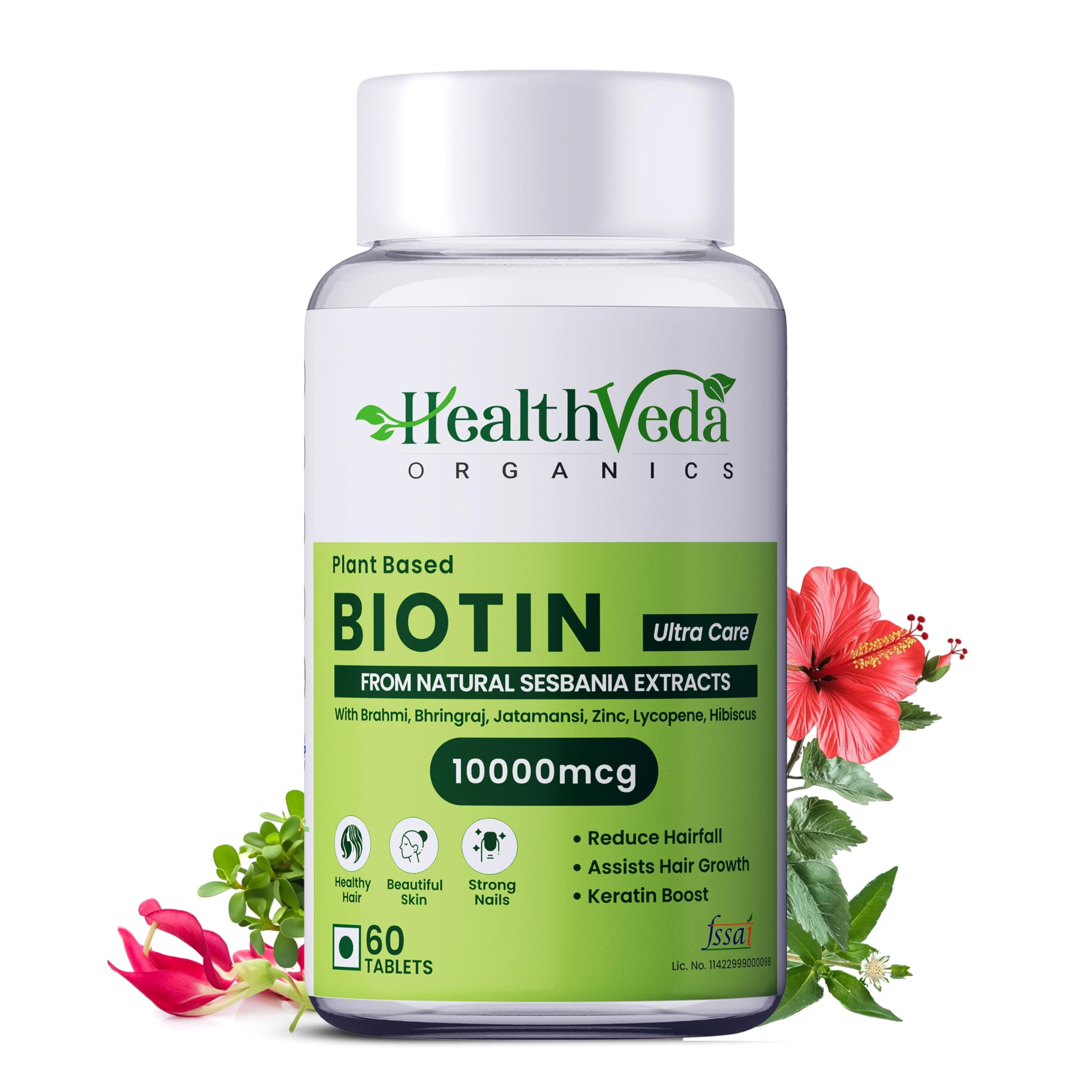 Health Veda Organics Biotin Supplement | 60 Veg Tablets | Hair Fall Control, Nail Strength & Skin Health | For Men & Women