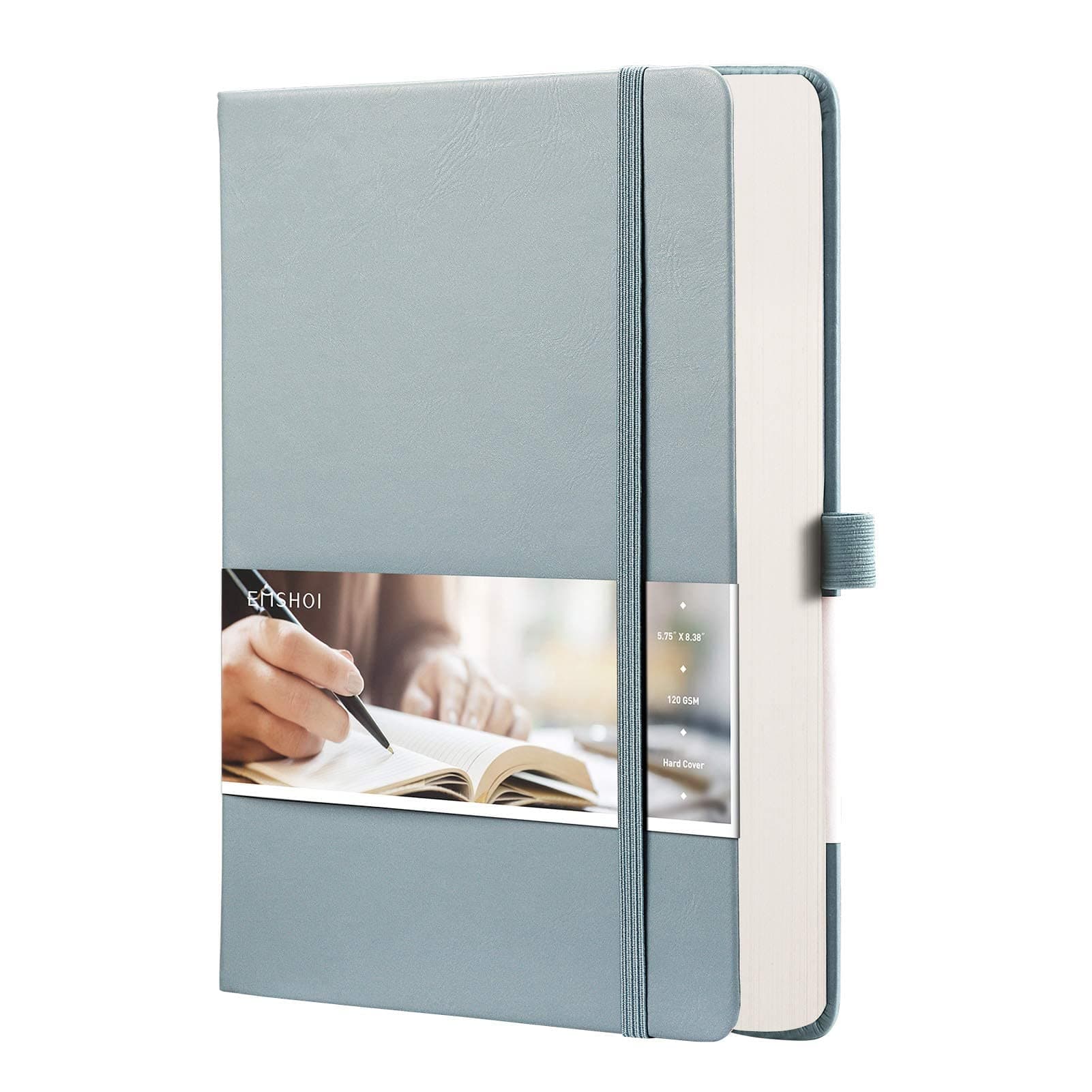 EMSHOI A5 College Ruled Notebook, 256 Numbered Pages 120GSM Ink-Proof Faux Leather Hardcover Lay-Flat Lined Journal for Work Office School Travel Writing, Small 5.75" x 8.38", GrayBlue