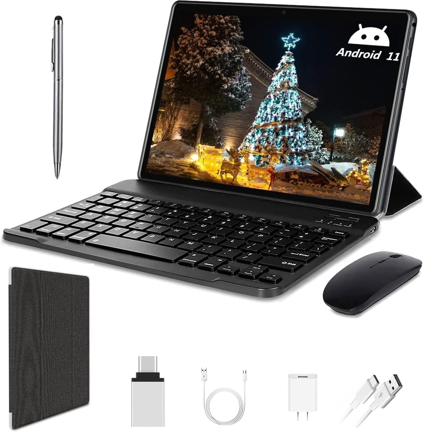 Tablet with Keyboard, 2 in 1 Tablet 10 inch Android 11 Tablet, Quad-Core Processor, 64GB ROM + 4GB RAM, 128GB Expandable, 2.4G+5G WiFi, Dual Camera, 6000mAh, Bluetooth, FM (Black)