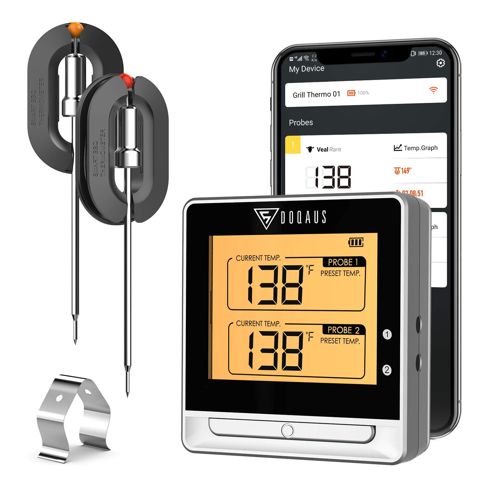 DOQAUS Bluetooth Meat Thermometer for Grilling, Wireless Meat Thermometer with 2 Probes, 197ft Remote BBQ Thermometer with Smart Kitchen Timer and Backlight for Smoker, Oven, Grilling, Turkey