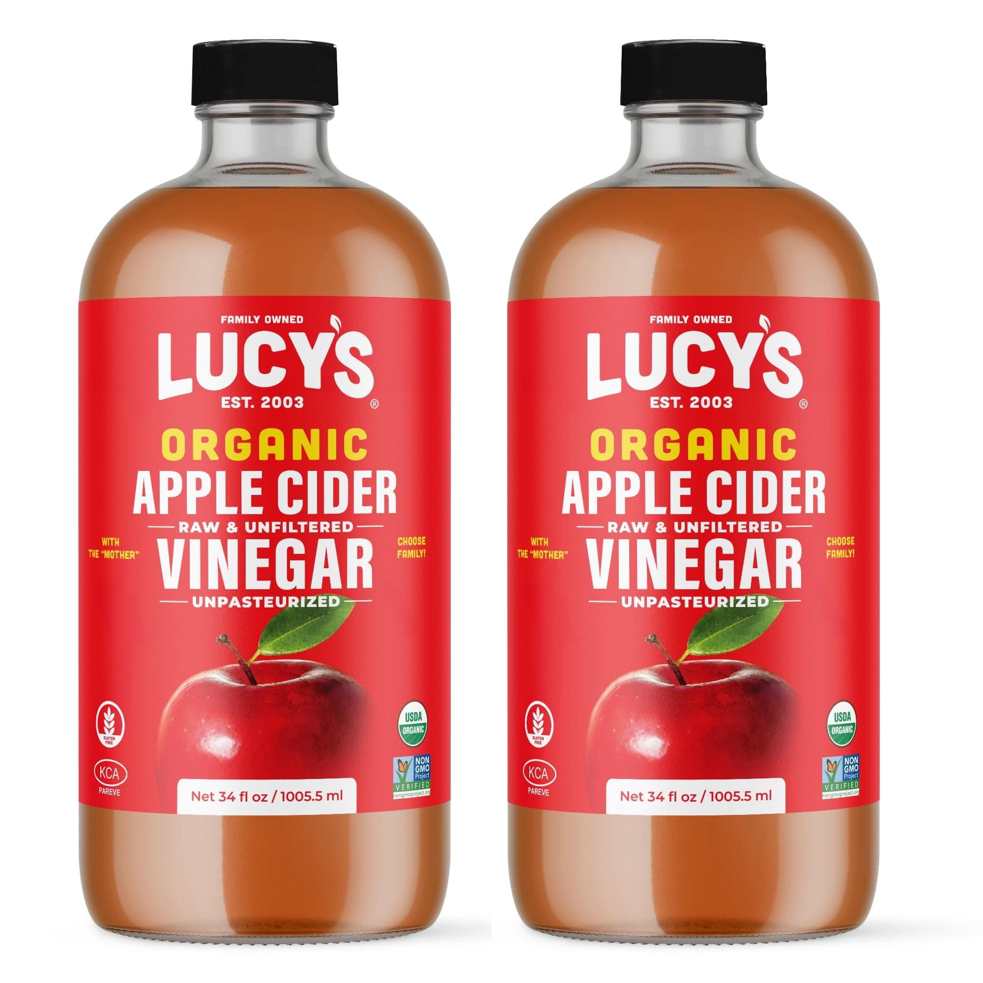 Lucy's Family Owned - USDA Organic NonGMO Raw Apple Cider Vinegar, Unfiltered, Unpasteurized, With the Mother, 34 oz. Glass Bottle (Pack of 2)