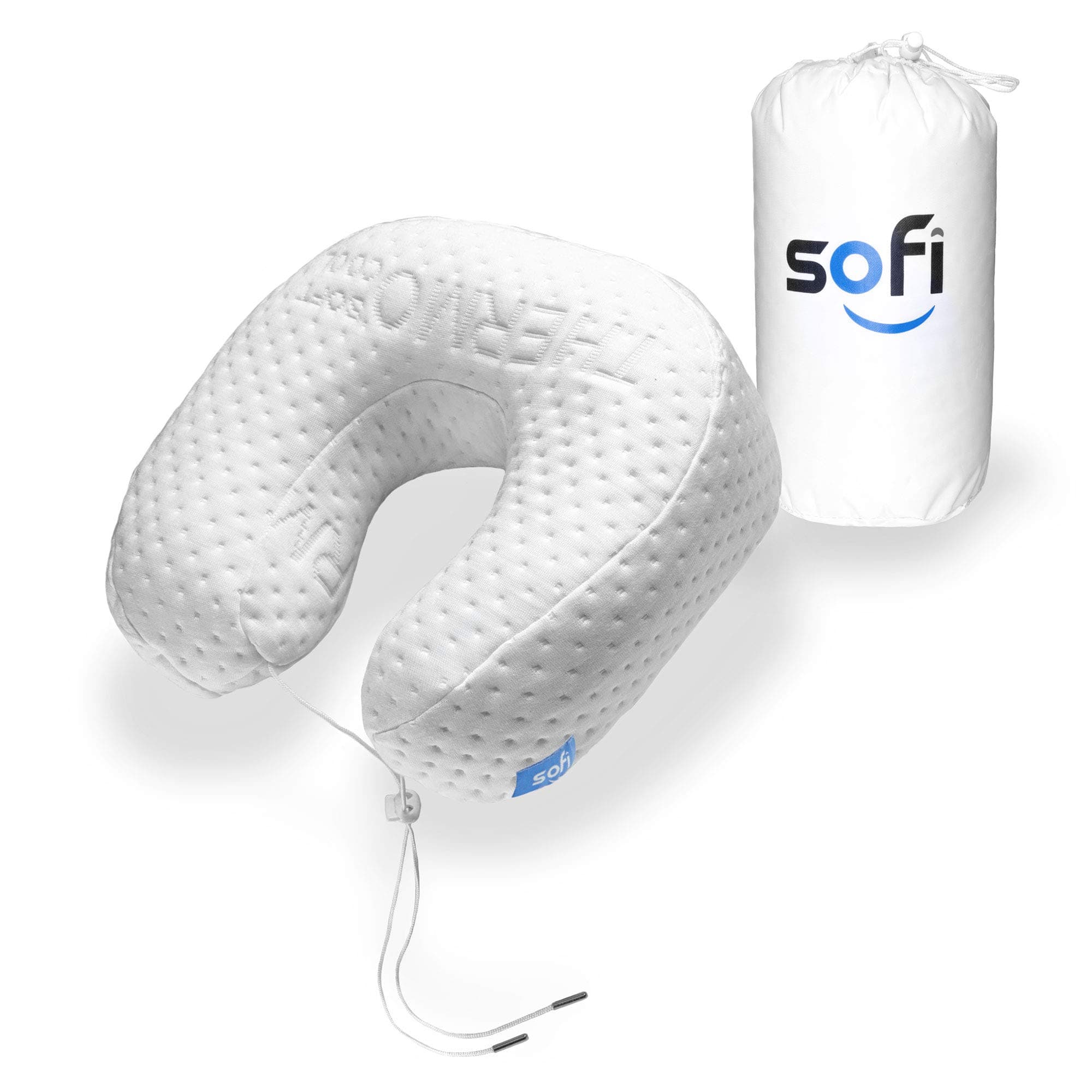 sofi Travel Pillow - Soft Orthopedic Memory Foam - Anti-Sweat - Heat Regulating Cover & Cooling Vents - Includes Travel Bag