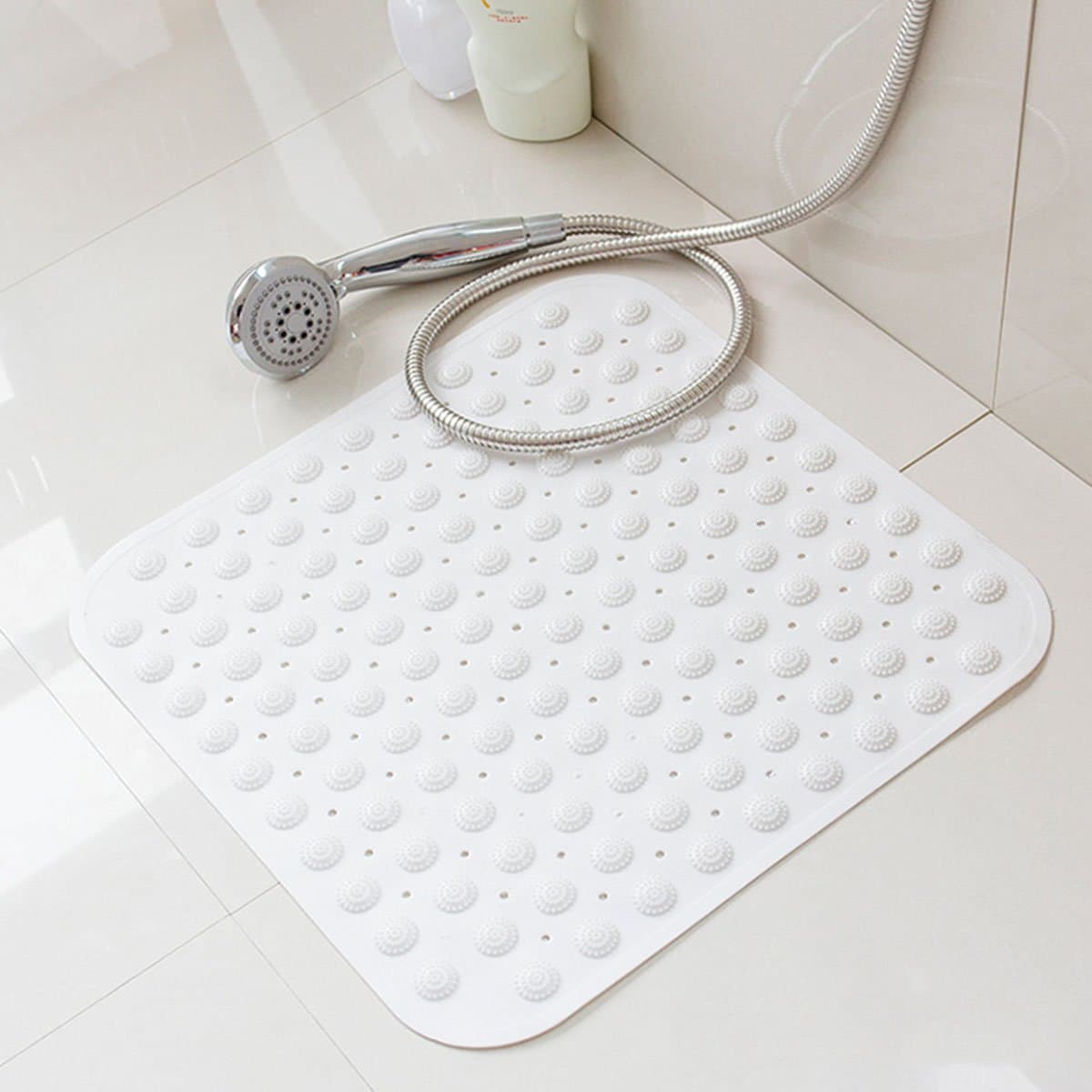 Bathsafe 80x80CM Extra Large Square Bath Mat Anti Slip Foot Massage Shower Mat Non Skid Suction Cups Bathroom Mat Anti-Bacterial Safety Bathtub Mat Eco Friendly TPR Material,White