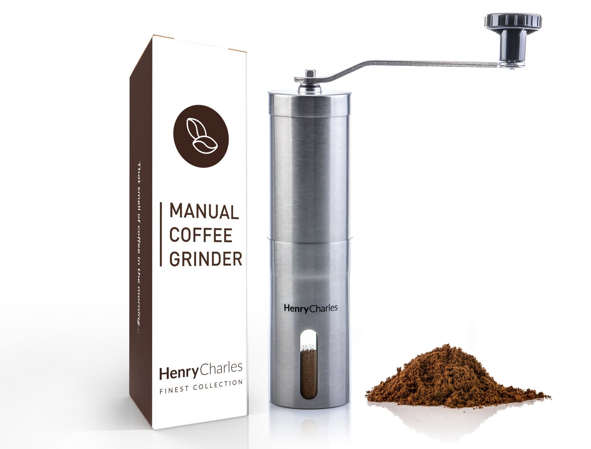 Oliver James Henry Charles Manual Coffee Grinder Stainless Steel with Adjustable Ceramic Conical Burr, Hand Crank Mill, Compact Size Perfect for Your Home, Office or Travelling