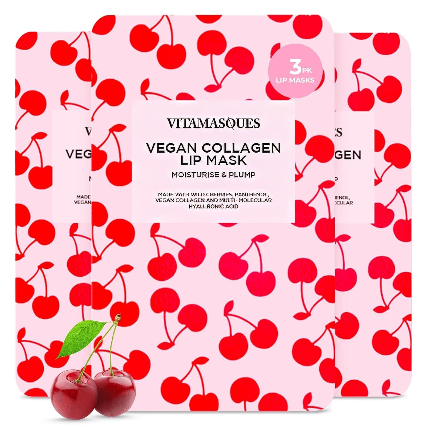 Lip Mask, 3-Pack - Cherry Vegan Collagen Lip Mask Sheets, Repair for Dry & Chapped Lips - Nourishing & Hydrating - Wild Cherries & Hyaluronic Acid - Vegan & Cruelty-Free Korean Skin Care