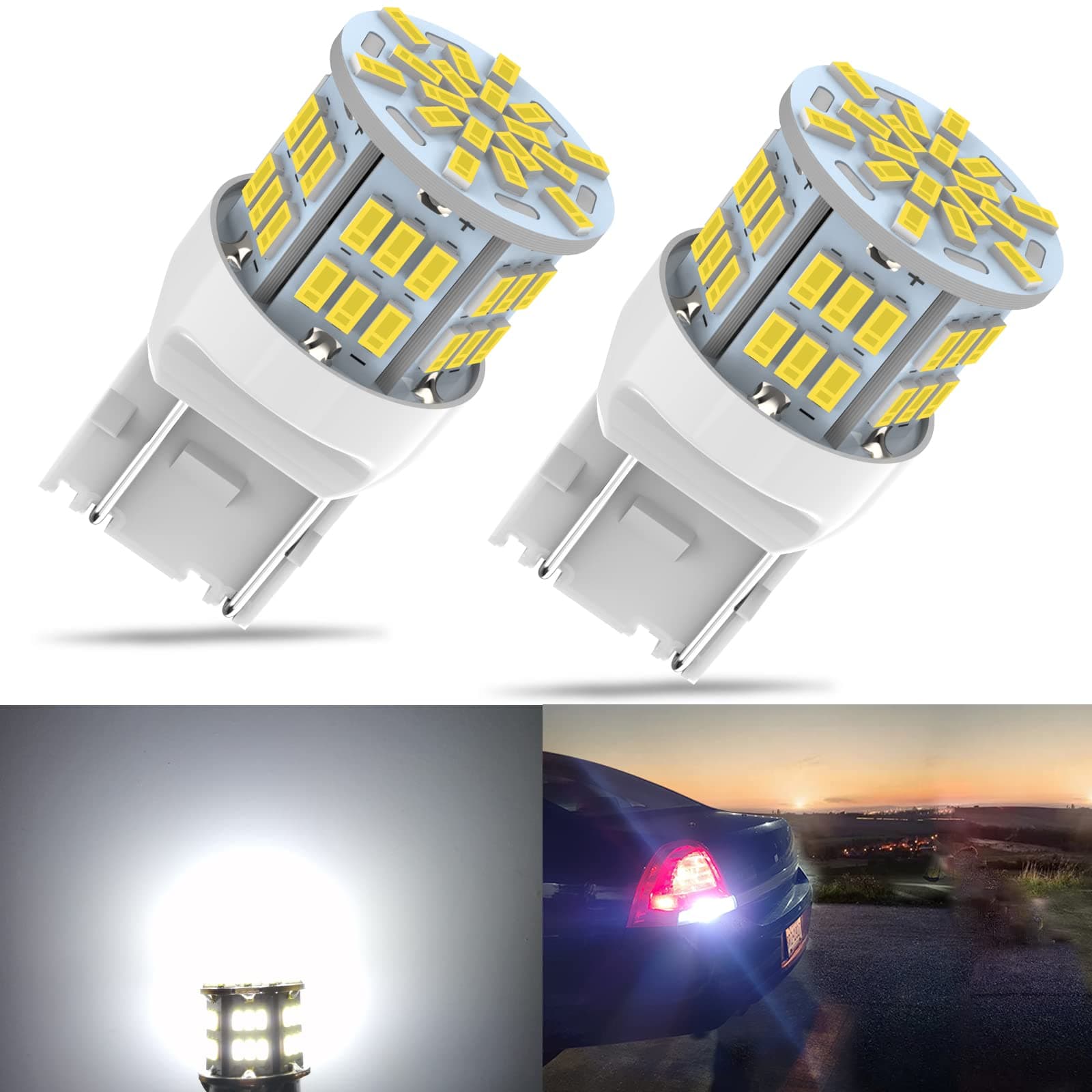 7443 Led Car Bulb, 12V-24V 7443 7440 T20 LED Replacement Light Bulb for Car Brake Tail Running Parking Backup Light , 54SMD White light, 2PCS