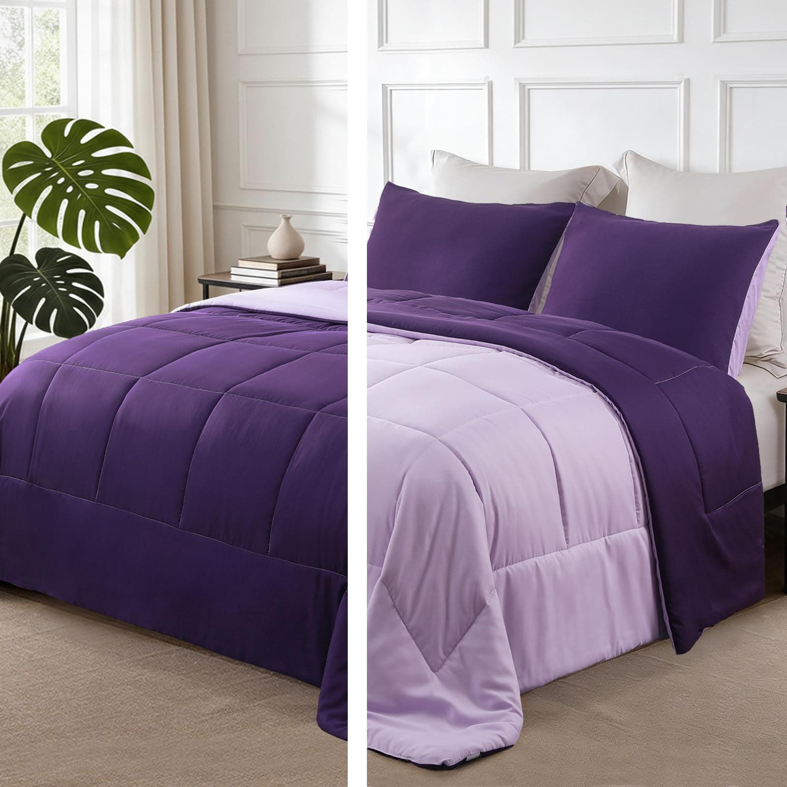 Lightweight Reversible Twin Size Comforter Set, Down Alternative Comforter with 1 Pillow Sham, Twin Size Bedding Set for All Seasons, Deep Purple/Lilac