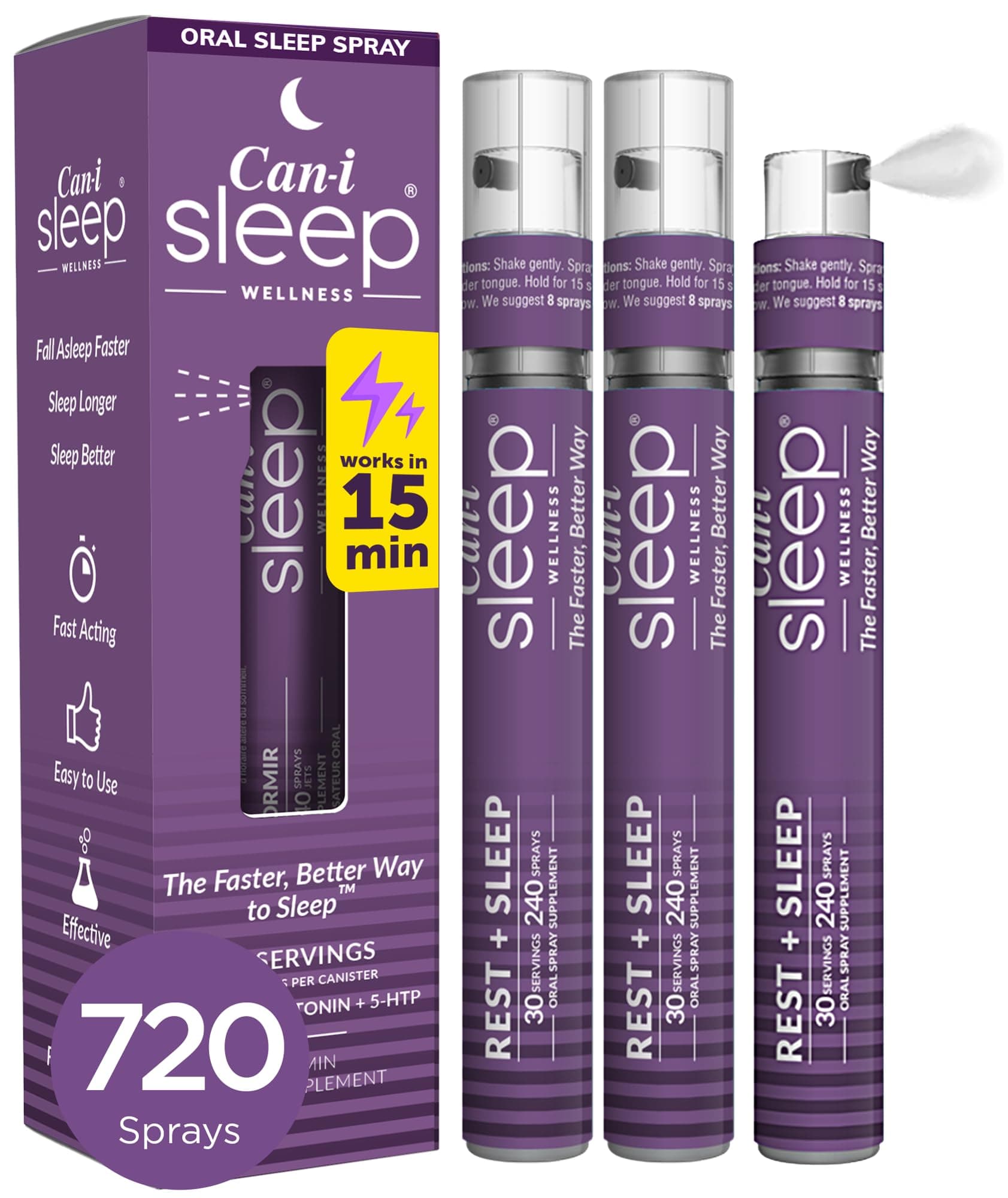 Can-i Sleep Aid Spray for Adults – Fast-Acting Sleep Spray for Shift Workers & Night Shifts – Fall Asleep Fast & Stay Asleep – Melatonin Spray with GABA & 5-HTP – No Grogginess – 90 Servings (3 Pack)