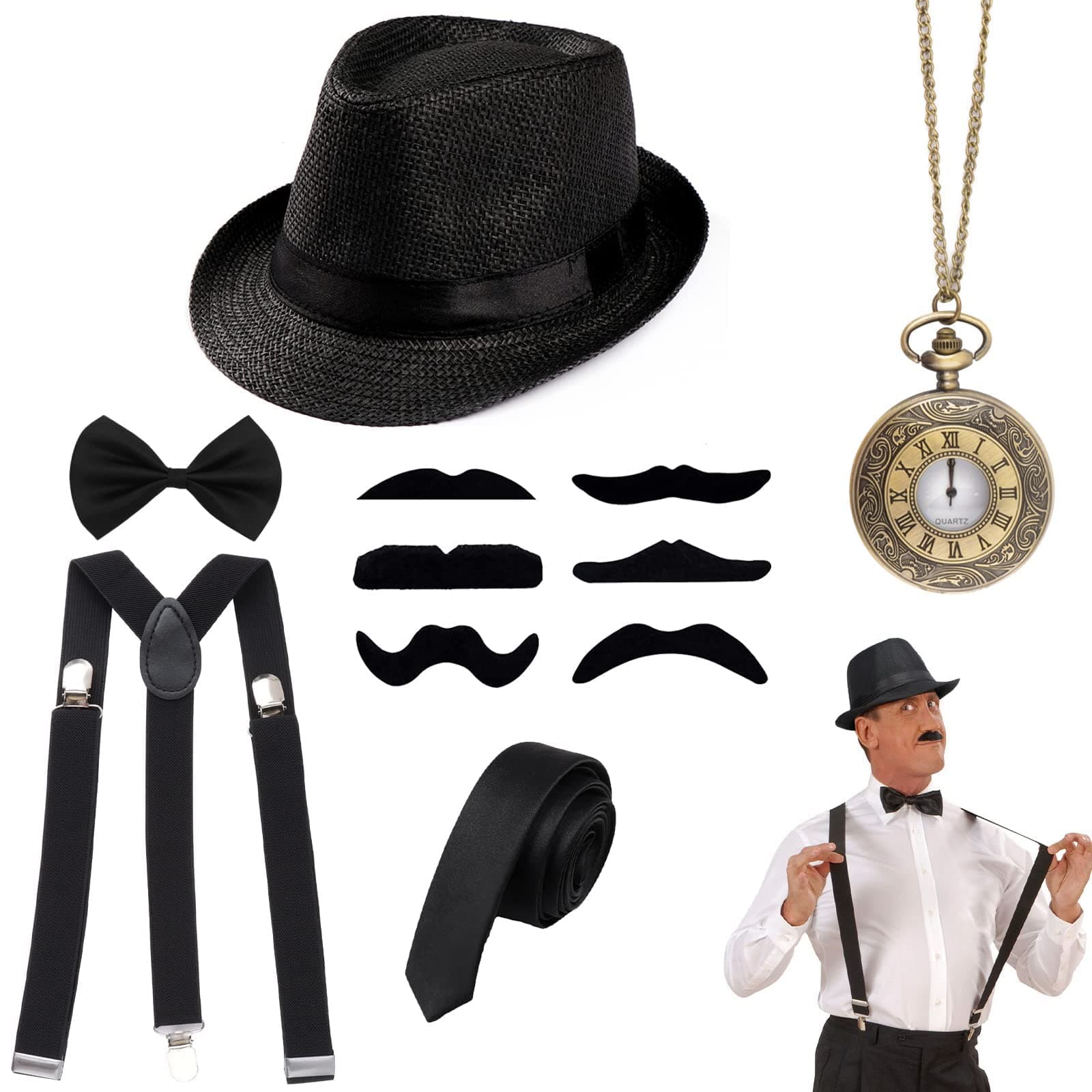 1920s Men Fancy Dress Accessories, Fancy Dress Accessories Set 5 Pieces 1920s Men Accessories Set Includings Beret Hat, Adjustable Elastic Suspenders, Bow Tie, Vintage Pocket Watch and Toy Handle