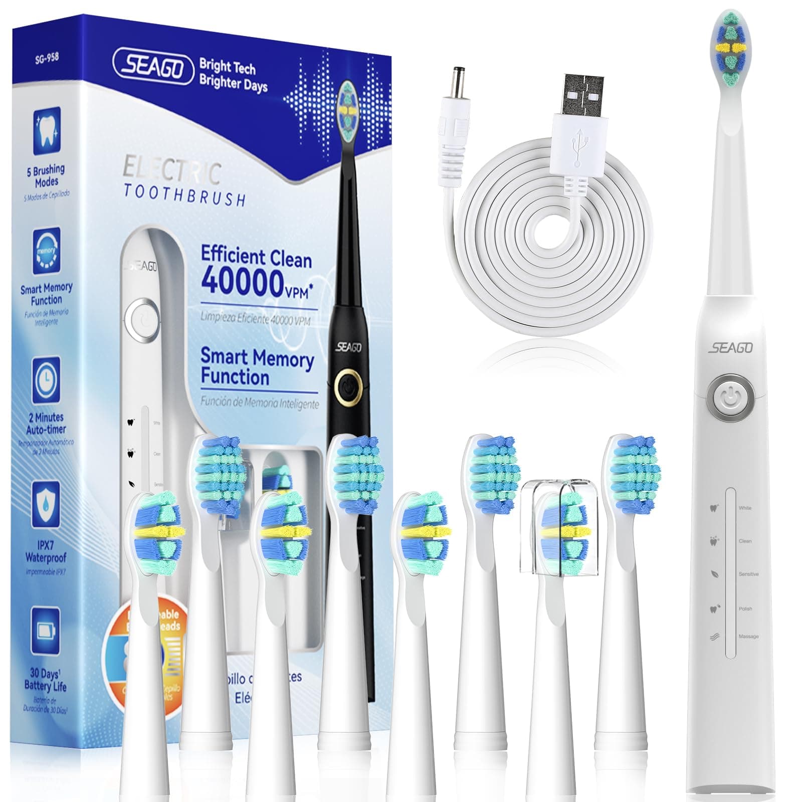 Seago Electric Toothbrush, Rechargeable Toothbrush for Adults Sensitive Teeth, 8 Brush Heads, 5 Modes with Teeth Whitening, Endurance 30 Days, Kids Electric Toothbrushes 6-12, SG-958(White)