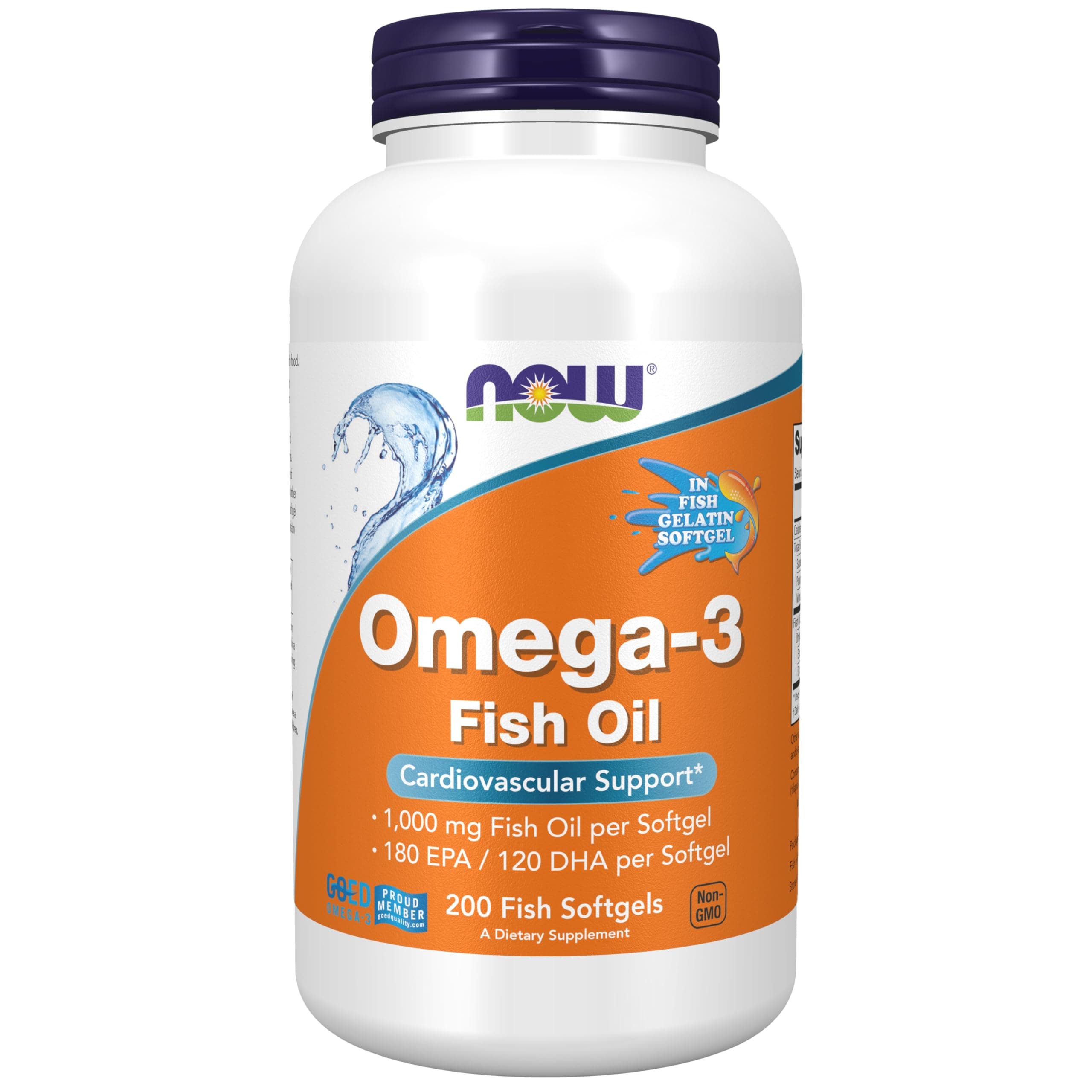 Supplements, Omega-3 180 EPA / 120 DHA, Molecularly Distilled, Cardiovascular Support*, 200-Fish Gelatin Softgels,Packaging may vary