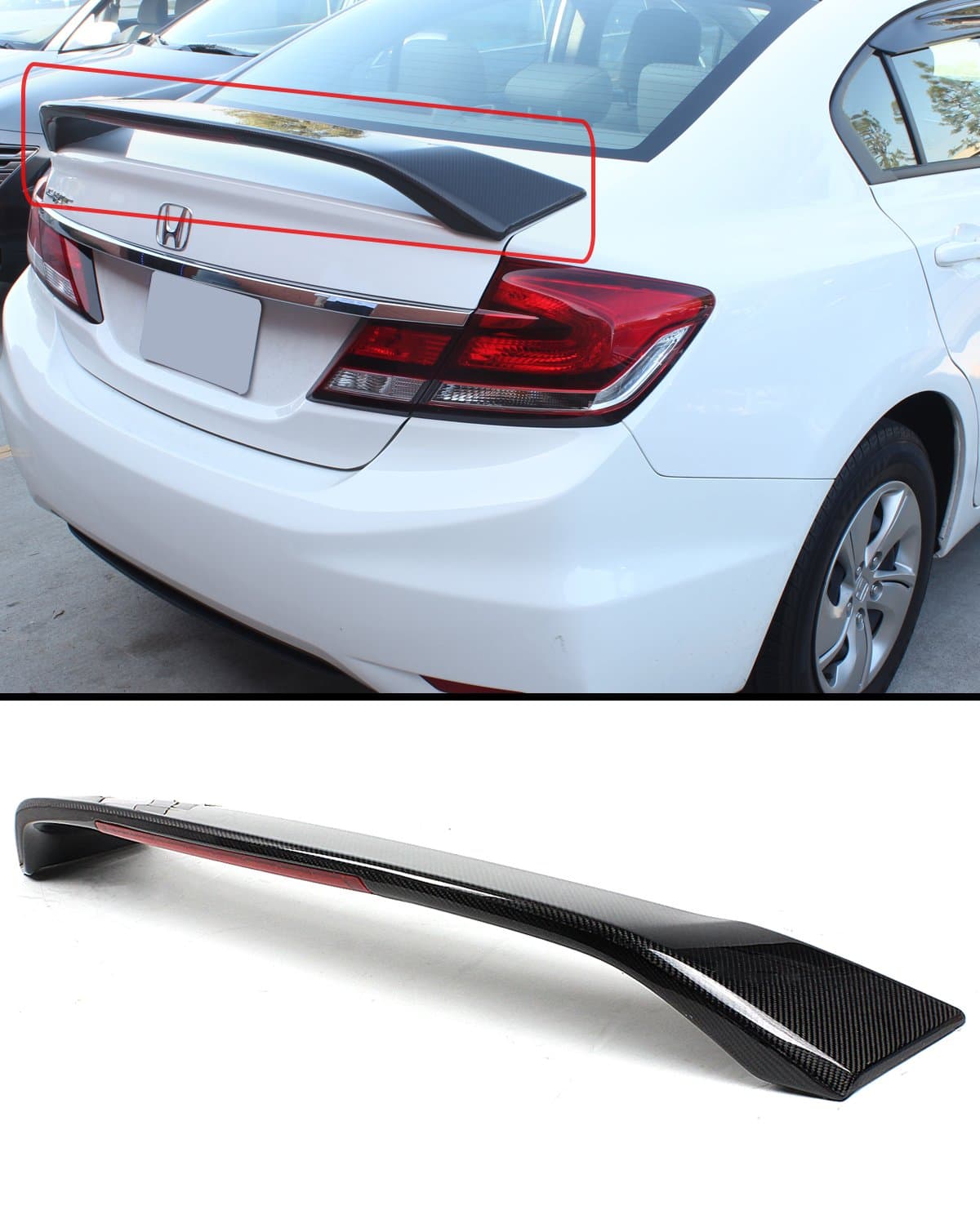 Cuztom Tuning Si Style Carbon Fiber LED Trunk Spoiler Wing Compatible with 2013-2015 9TH Gen Honda Civic Sedan