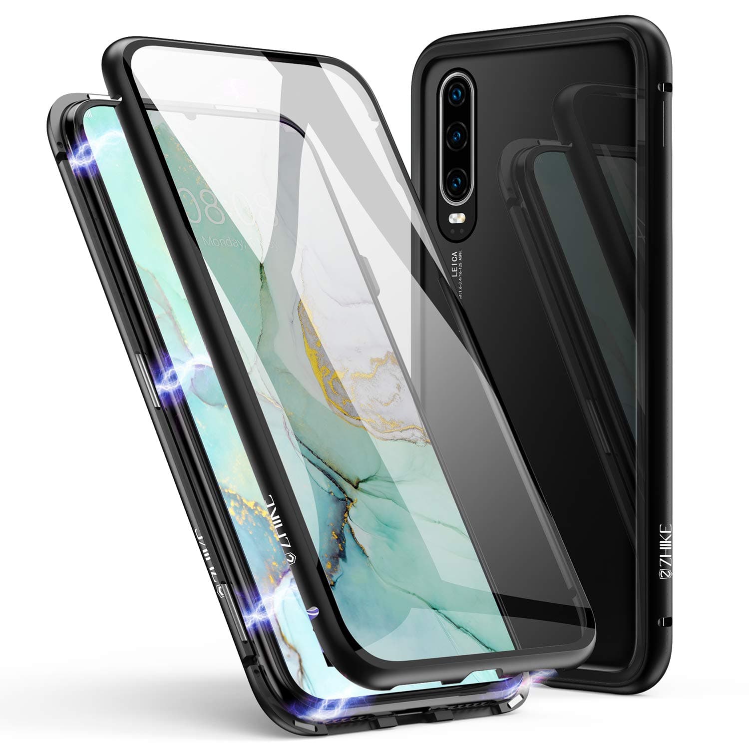 ZHIKE Huawei P30 Case, Magnetic Metal Frame Front and Back Tempered Glass Full Screen Coverage One-Piece Design Flip Cover [Support Wireless Charging](Clear Black)