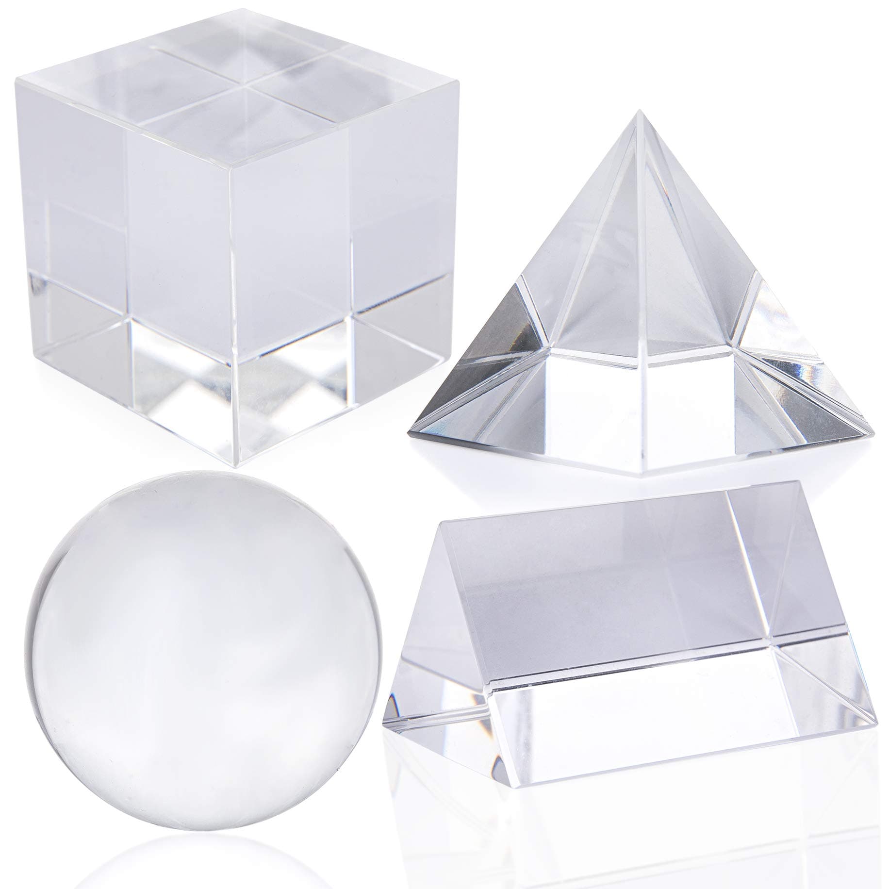 Set of 4 K9 Optical Crystal Photography Prism Set with 50mm Crystal Ball, 50mm Crystal Cube, 50mm Triangular Prism, 50mm Optical Pyramid for Teaching Science Physics, Playing & Photo Photography