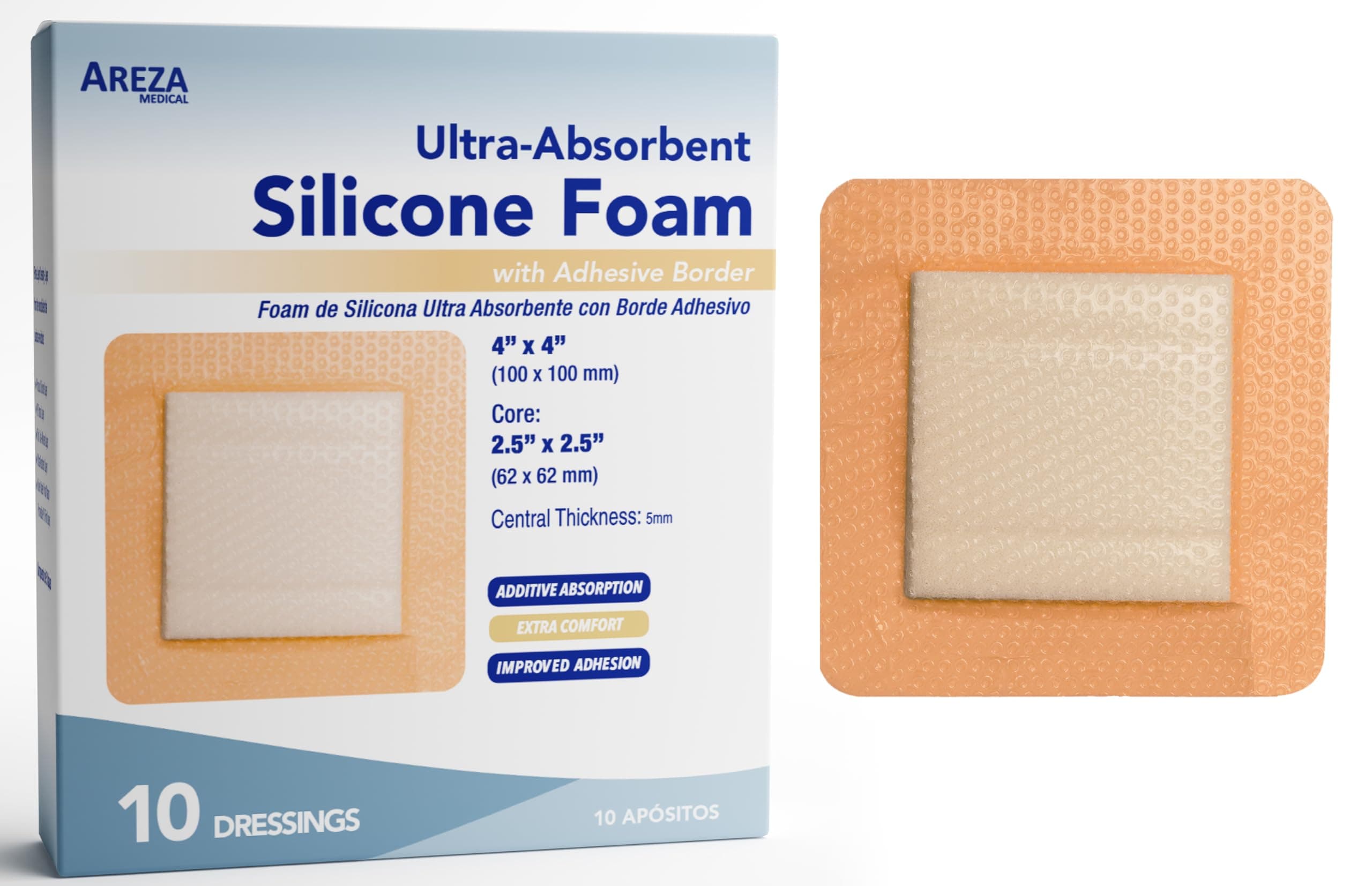 Silicone Foam Dressing with Border (Adhesive) Waterproof 4" X 4" (10 Cm X 10 Cm) (Central ultra absorbent-Foam 2.5" X 2.5") 10 Per Box (1)