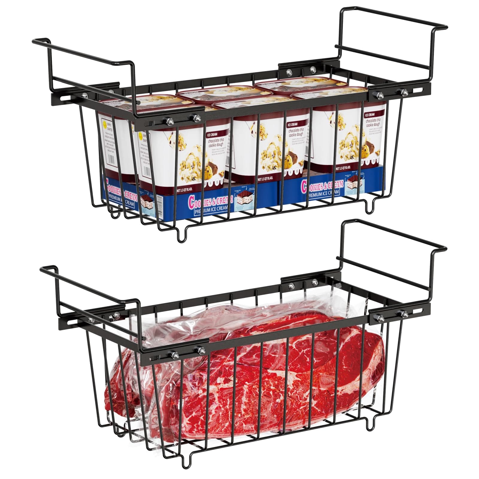 iSPECLE Chest Freezer Organizer - 2 Pack Hanging Freezer Organizer Bins with Expandable Handle for 7 Cu.Ft Freezer, Sort Small Frozen Food, Sturdy Freezer Baskets Easy Slide to Get Bottom Food, Black
