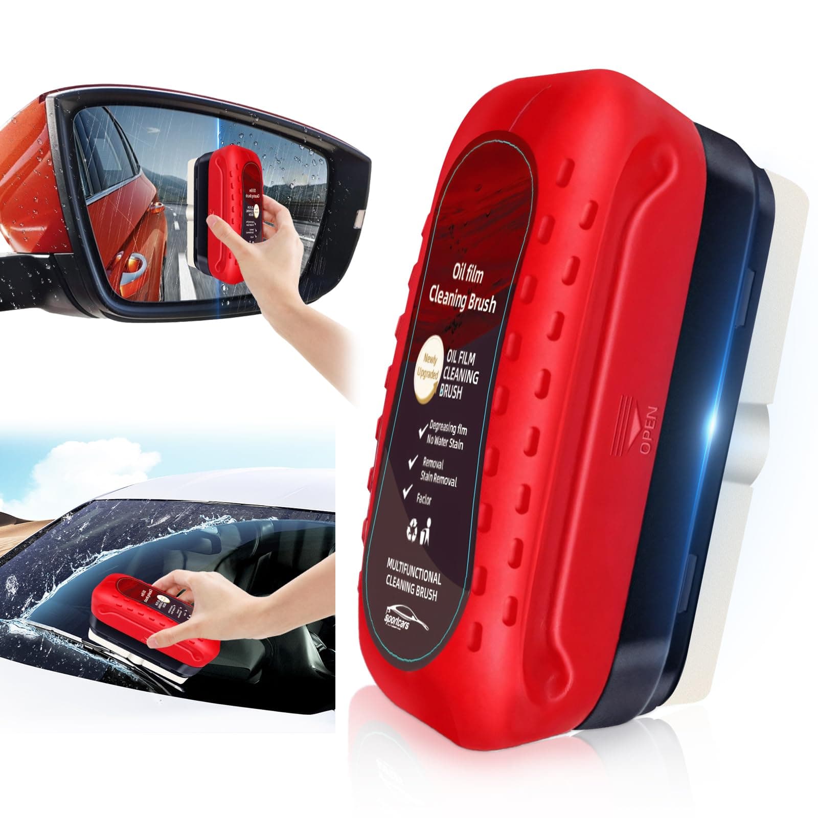 Automotive Oil Film Cleaning Brush with Reusable Foam Sprayer, Upgraded Antifog Glass Cleaning Board, Glass Oil Film Remover for Car Windows & Windshields, Versatile Car Glass Cleaner Brush (Red)