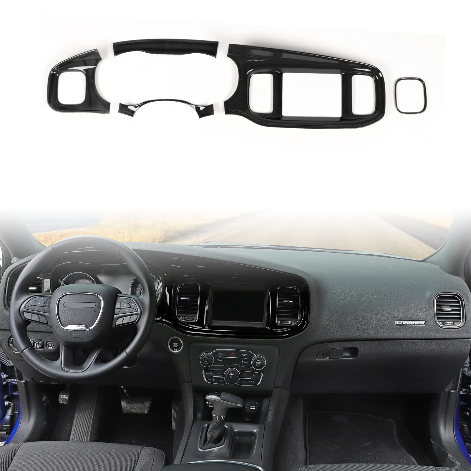 JWWY for Charger Center Consoles Dash Board Dashboard Instrument Gauge Cluster Dash Fascia Trim Panel Garnish Bezel for 2015-2024+ Dodge Charger Interior Accessories, ABS Bright Black 5pcs