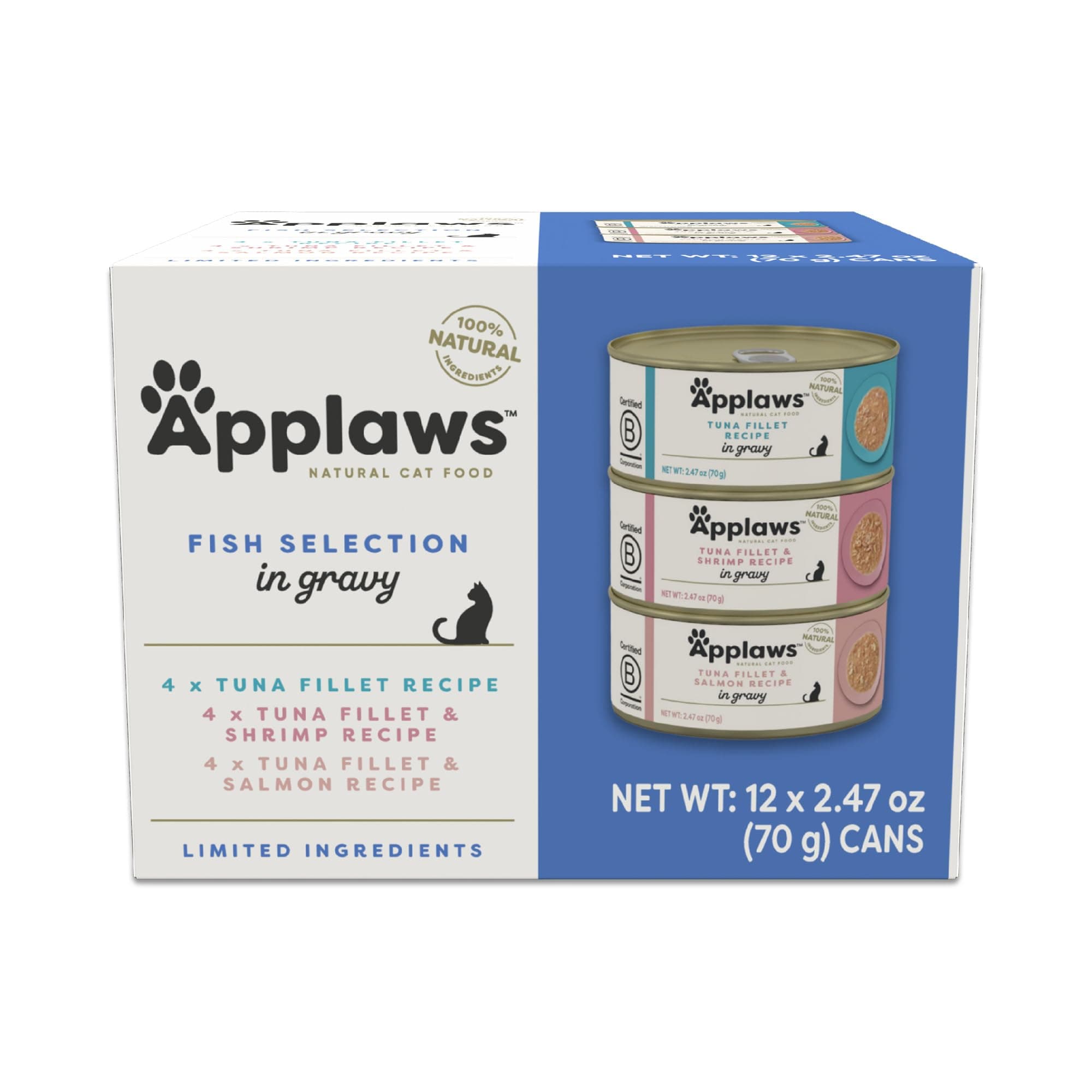 Applaws Natural Wet Cat Food in Gravy, Limited and Natural Ingredients, High Protein with No Artificial Additives, Fish Selection Variety Pack in Gravy (12 x 2.47oz Cans)
