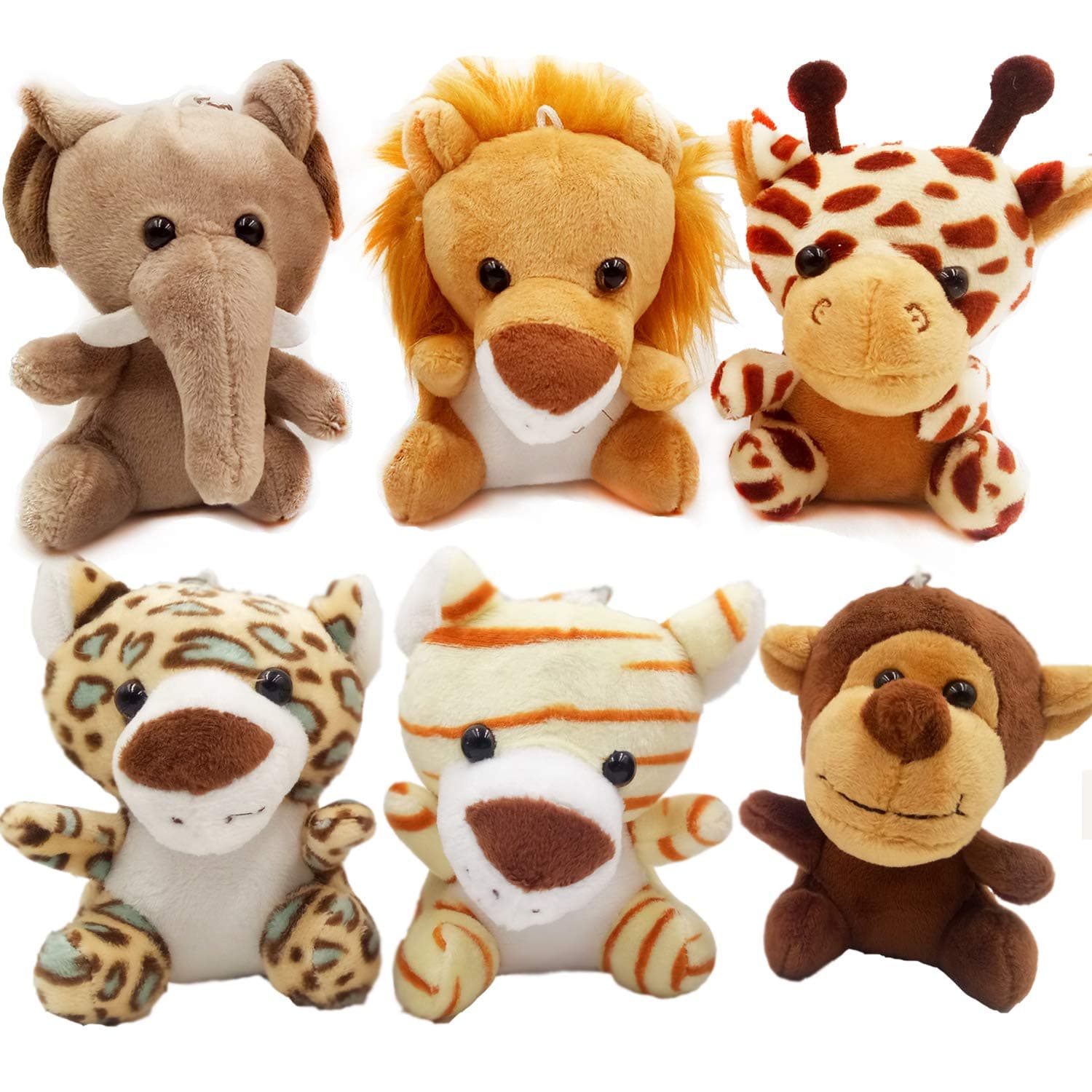 OuMuaMua 6pcs Jungle Animal Plush Toys Stuffed Animals Set, 4.8 Inch Cute Small Zoo Animals Plush Keychains for Kids Animal Themed Parties,Kindergarten Fun, Teacher Student Achievement Award