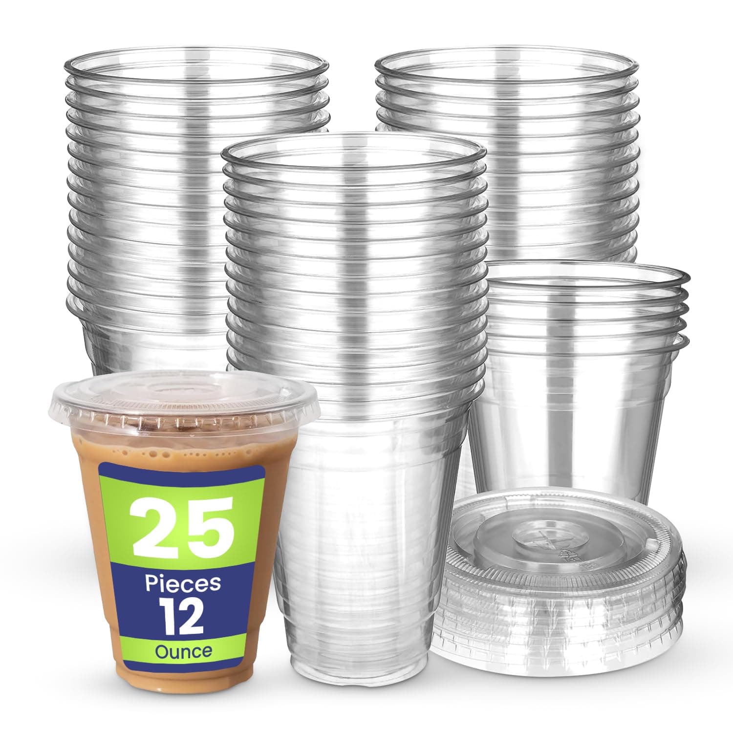 SNH 25 Pieces 12Oz Juice Cup With Lid Clear Strong Disposable Cups - Ideal for iced coffee, smoothies, Bubble Boba tea, milkshakes, frozen cocktails, water, sodas, juices, snacks, dessert & more.