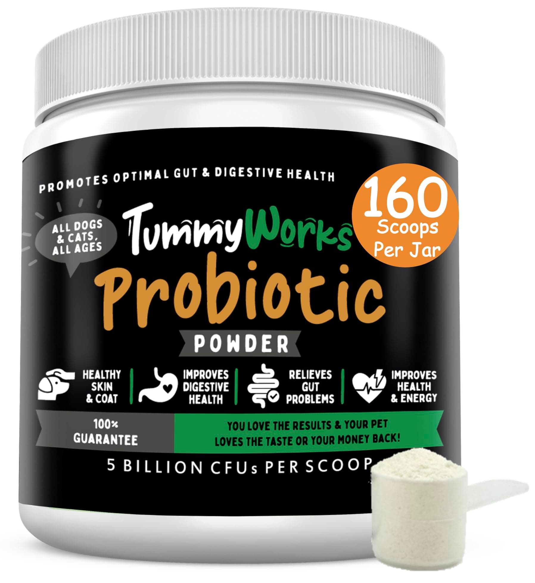 TummyWorks Probiotics for Dogs and Cats. 160 Scoops Probiotic Powder for Digestive Health, Gut, Immunity, Energy, Skin & Coat. 10 Strains, 5 Billion CFUs with 6 Enzymes & Prebiotics. Made in USA.