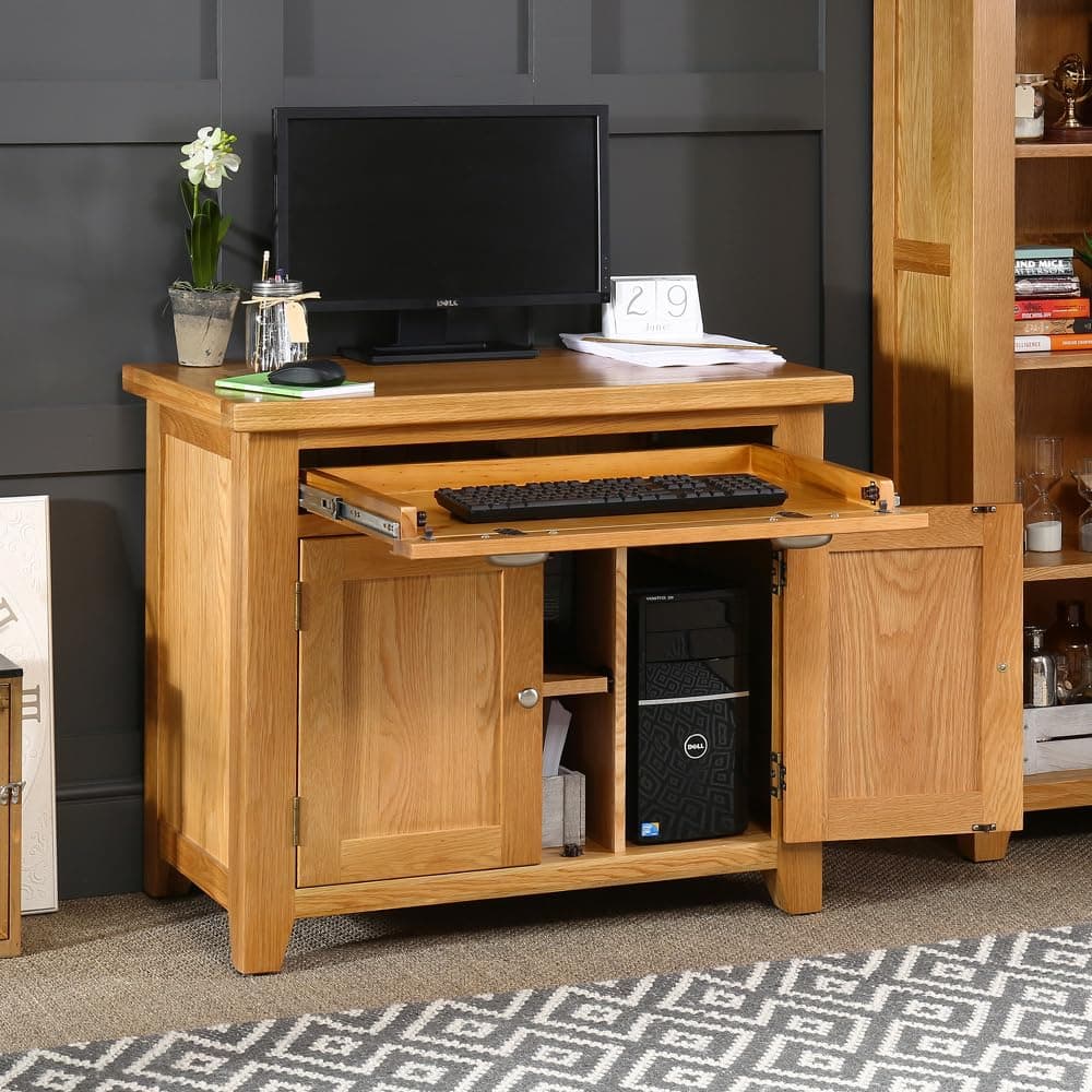 The Furniture Market Cheshire Oak Hideaway Home Office Computer Desk - Premium Quality, Natural Oak Finish, Ample Storage, Ideal for Living Room & Home Office - H 785mm x W 910mm x D 555mm