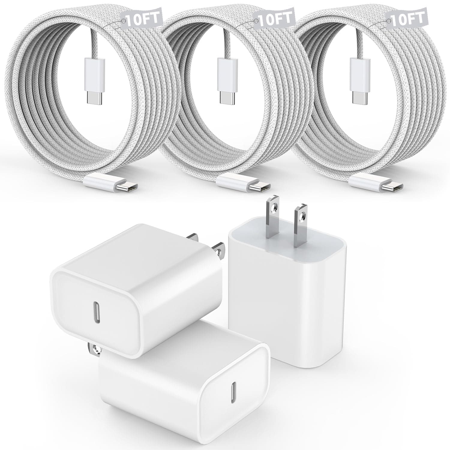 [3 Pack]Long 10FT iPhone 17 16e 15 Charger 20W Fast Wall Charger Block,10Foot USB C to C Braided Woven Cable Fast Charging for iPhone 17 Air/17 Pro/16 Pro/16 Pro Max/16 Plus/15/15 Plus/15 Pro Max/iPad
