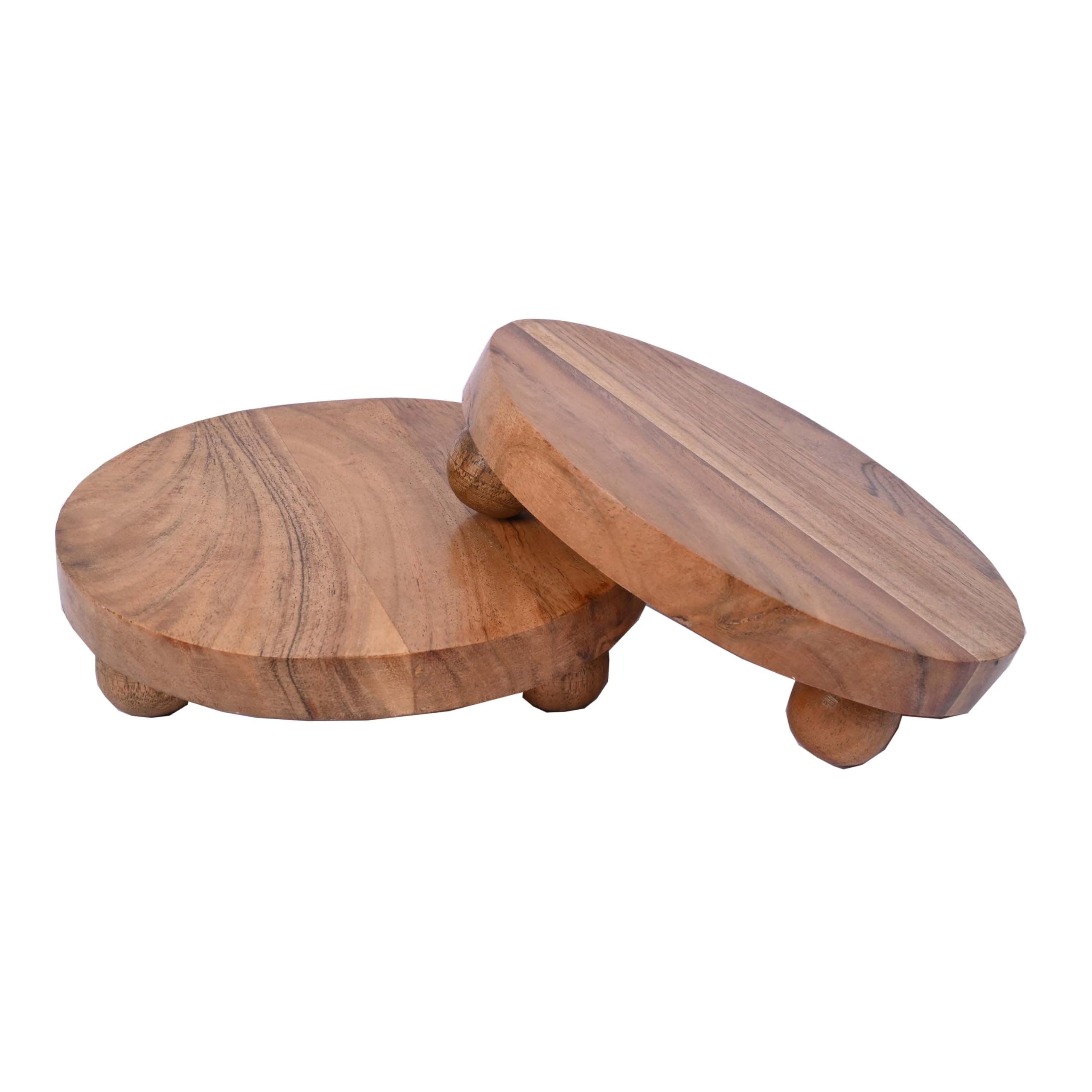 Indus Lifespace Round Acacia Wood Display Stand Wood Stand for Display Wooden for Kitchen/Bathroom Counter/Plant Stand (15.24cm x 15.24cm x 3.81cm), (Set of 2)